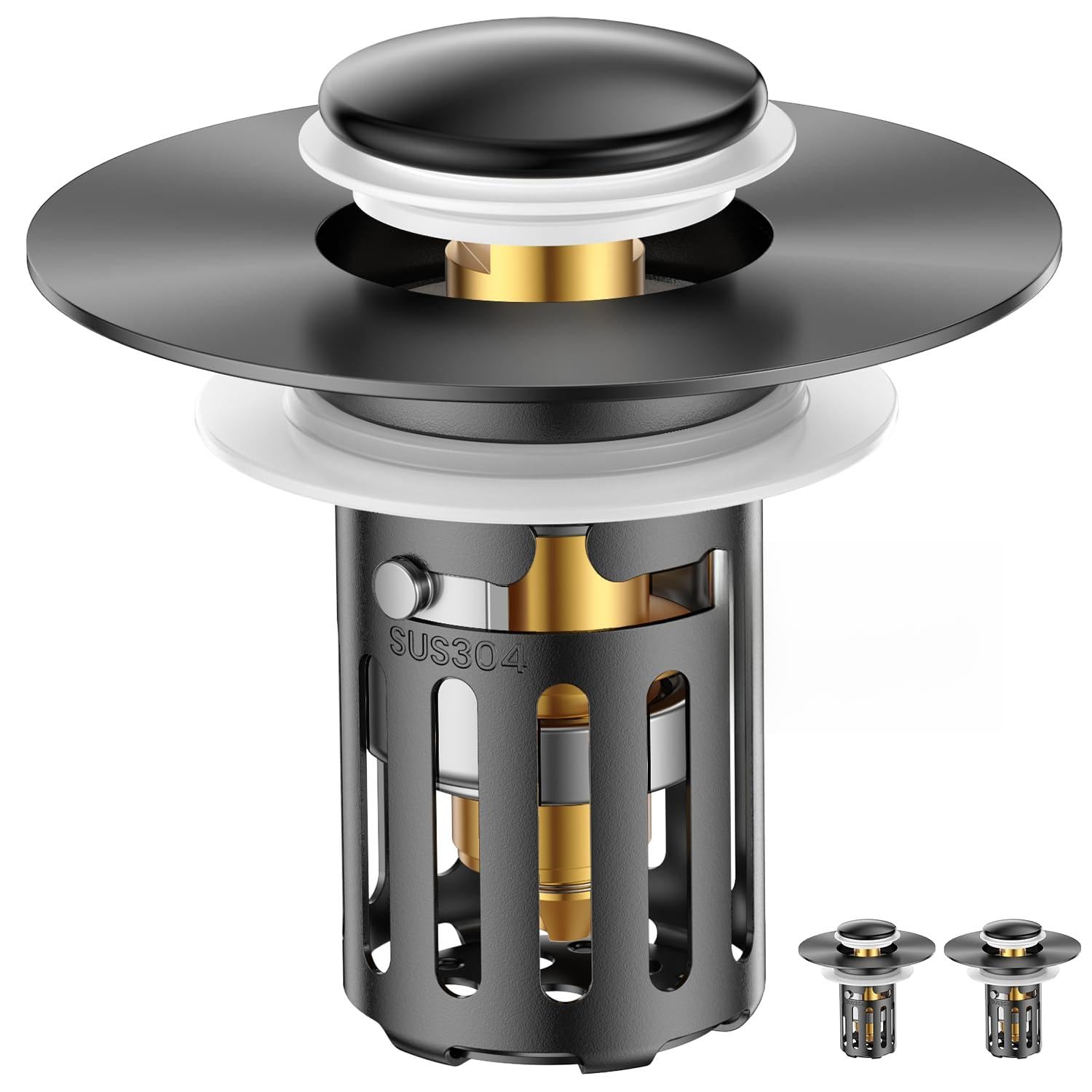 Photo 1 of (2 Pc) Bathroom Sink Stopper-All Metal Sink Stopper-Universal Fit 99% Bathroom Stopper with Removable Stainless Steel Hair Catcher- Basin (1.1'' to 2.36'' inch) - Black