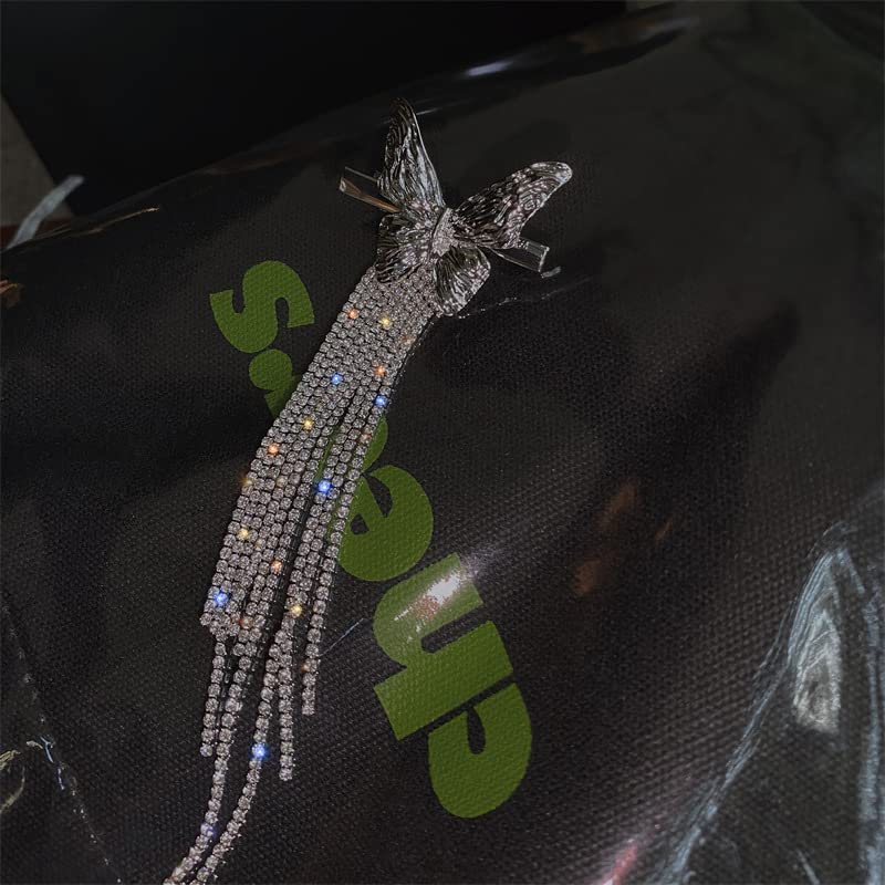 Miniatura 7 de E EMZHOLE Pinzas para el cabello de mariposa plateadas con diamantes de imitación, diseño de moda, accesorios para el cabello, cadena larga de borla