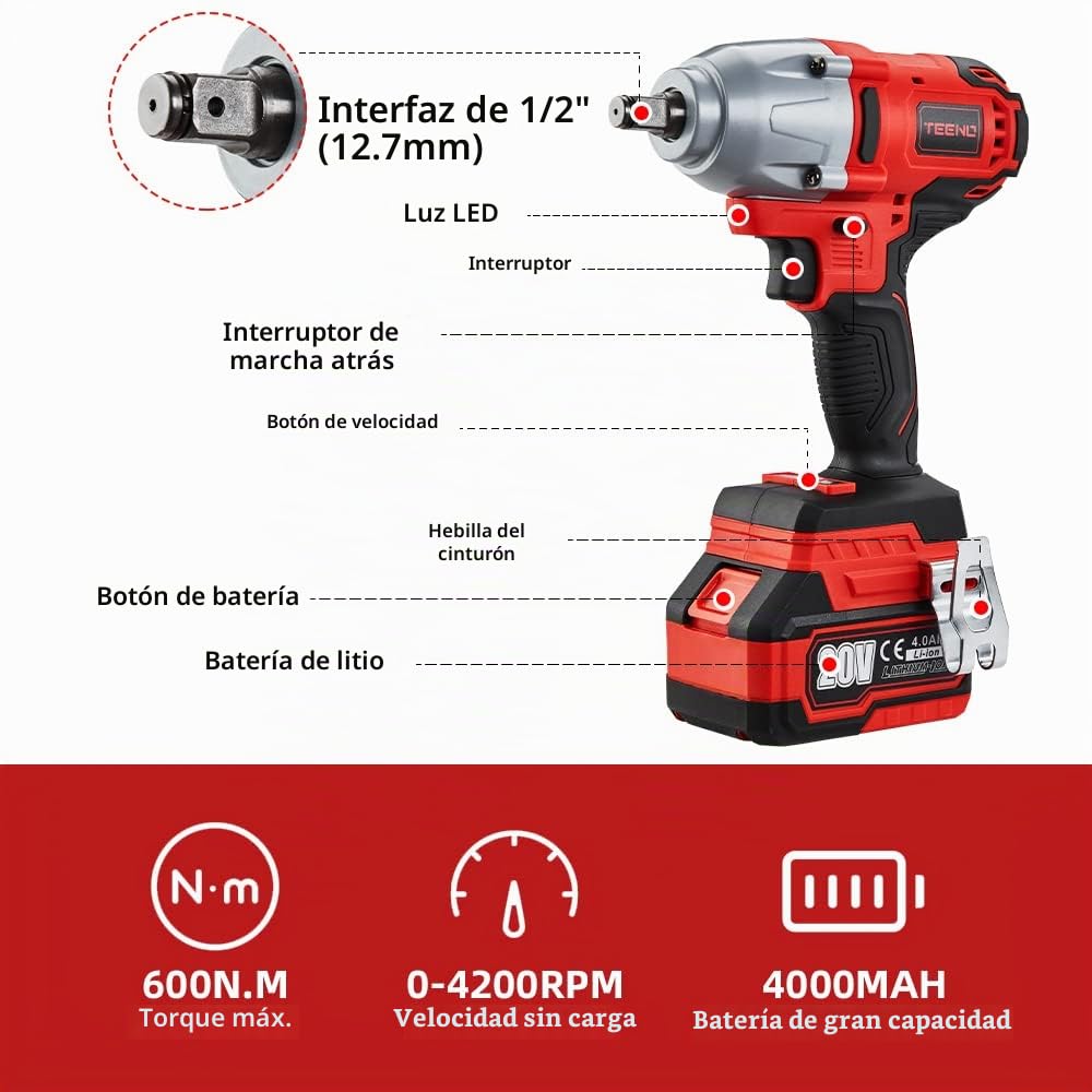 TEENO Llave de impacto Baterías de iones de litio sin escobillas de 20 V 4,0 Ah, 4 vasos de impacto, 1/2 pulgada, 600 N.m (una batería)