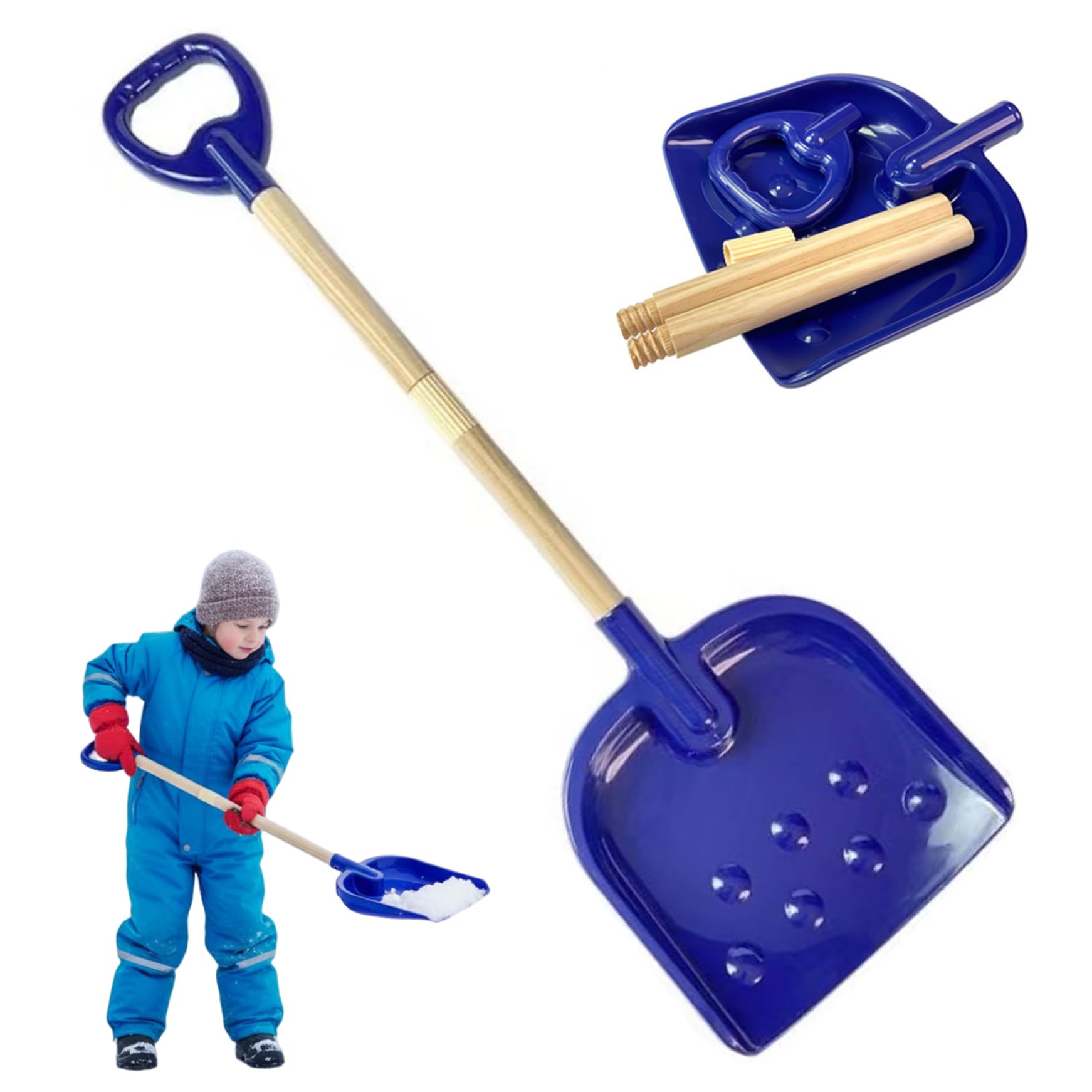 Pala de nieve para niños desmontable de 30 pulgadas con mango de madera azul oscuro