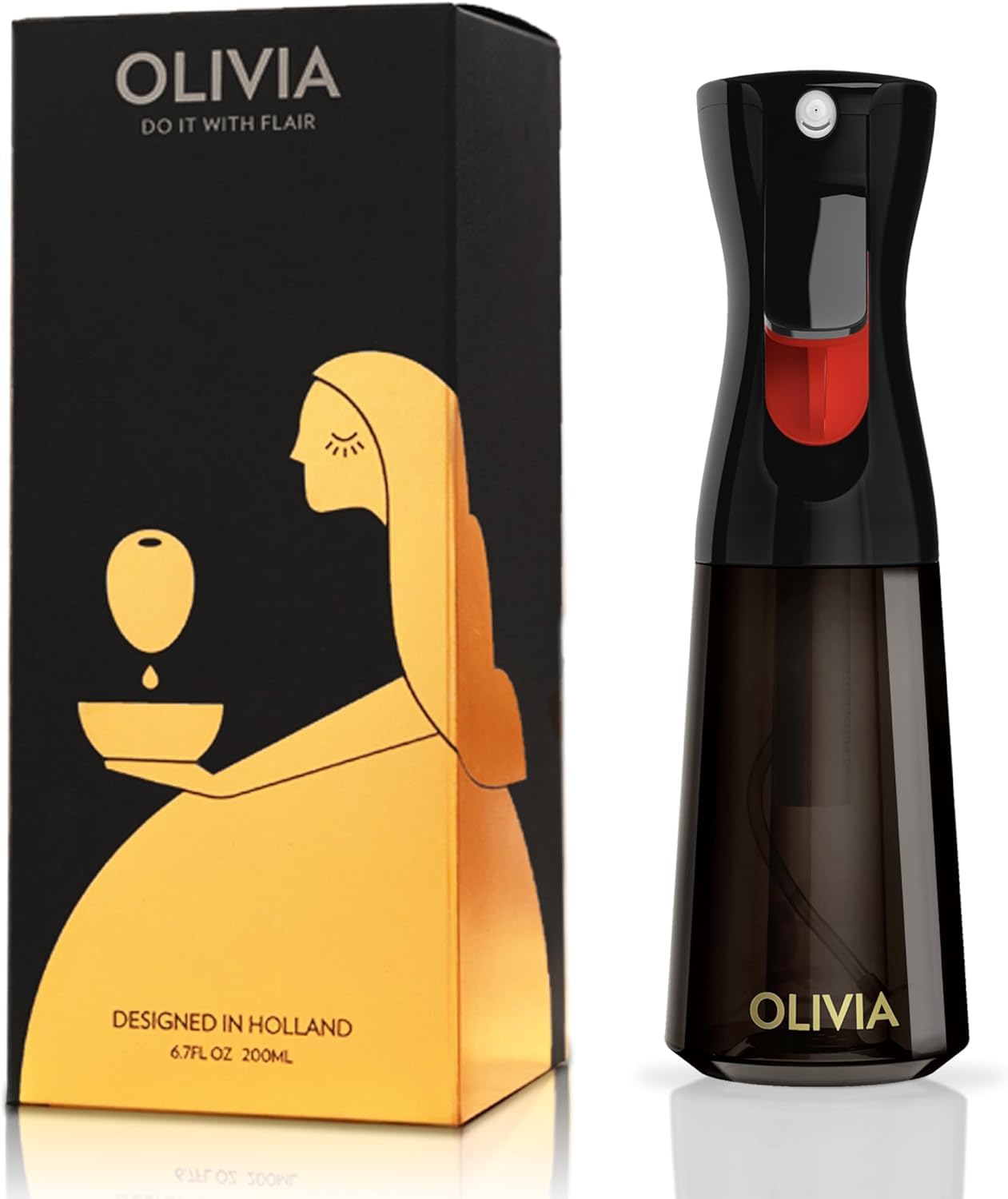 FLAIROSOL OLIVIA - Spruzzatore per olio d'oliva, 200 ml, in vetro, con controllo delle porzioni, erogatore di olio per cucina, friggitrice ad aria, insalata, barbecue (bottiglia nera, stampa dorata)
