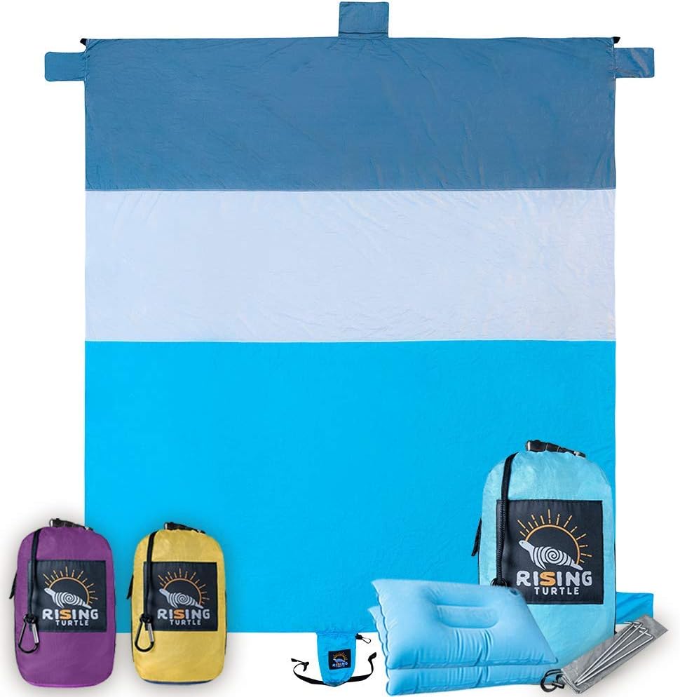 Rising Turtle Sand Proof Beach Blanket - Extra Large Oversized 8’x9’, Compact Sand Free Beach Mat, No Sand, Quick Drying, Lightweight & Durable with 4 Corner Pockets & Valuable Hidden Storage