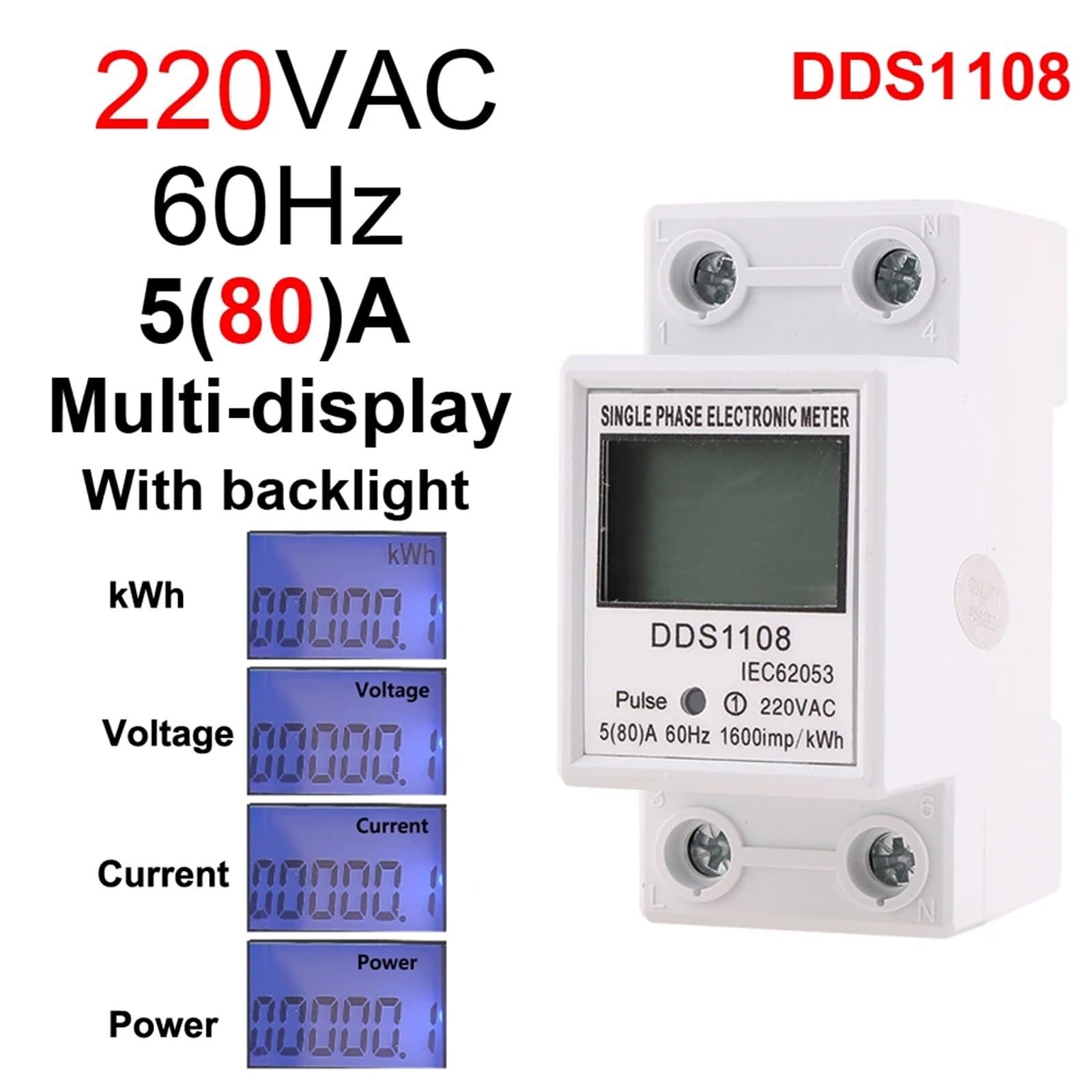 Jednofazowy licznik energii elektrycznej 2P LCD Cyfrowy wyświetlacz do montażu na szynie DIN 2 przewody Miernik elektryczny Watomierz Moc kWh AC230V 60Hz (1108-80A-Light-M)