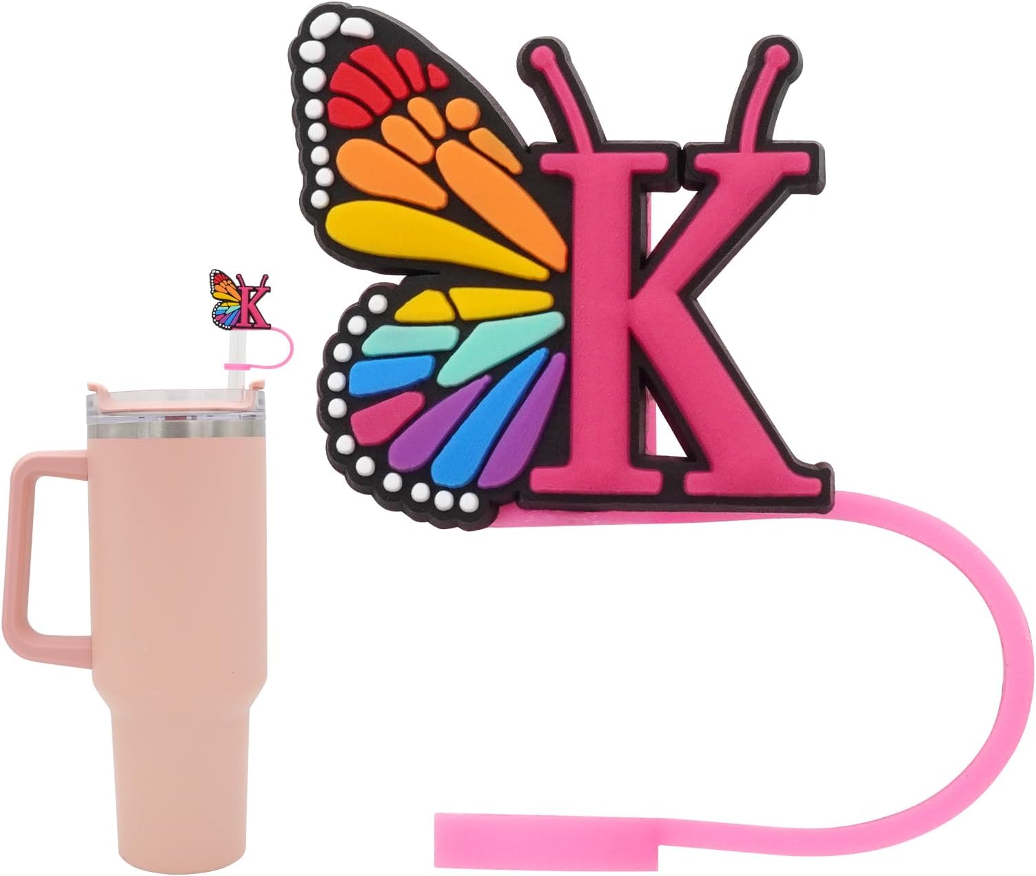 Silicone Straw Cover for Stanley Cup, Initial Letter Straw Cover, Beautiful Butterfly Style, Compatible with Stanley 40&30 Oz Tumbler (K)