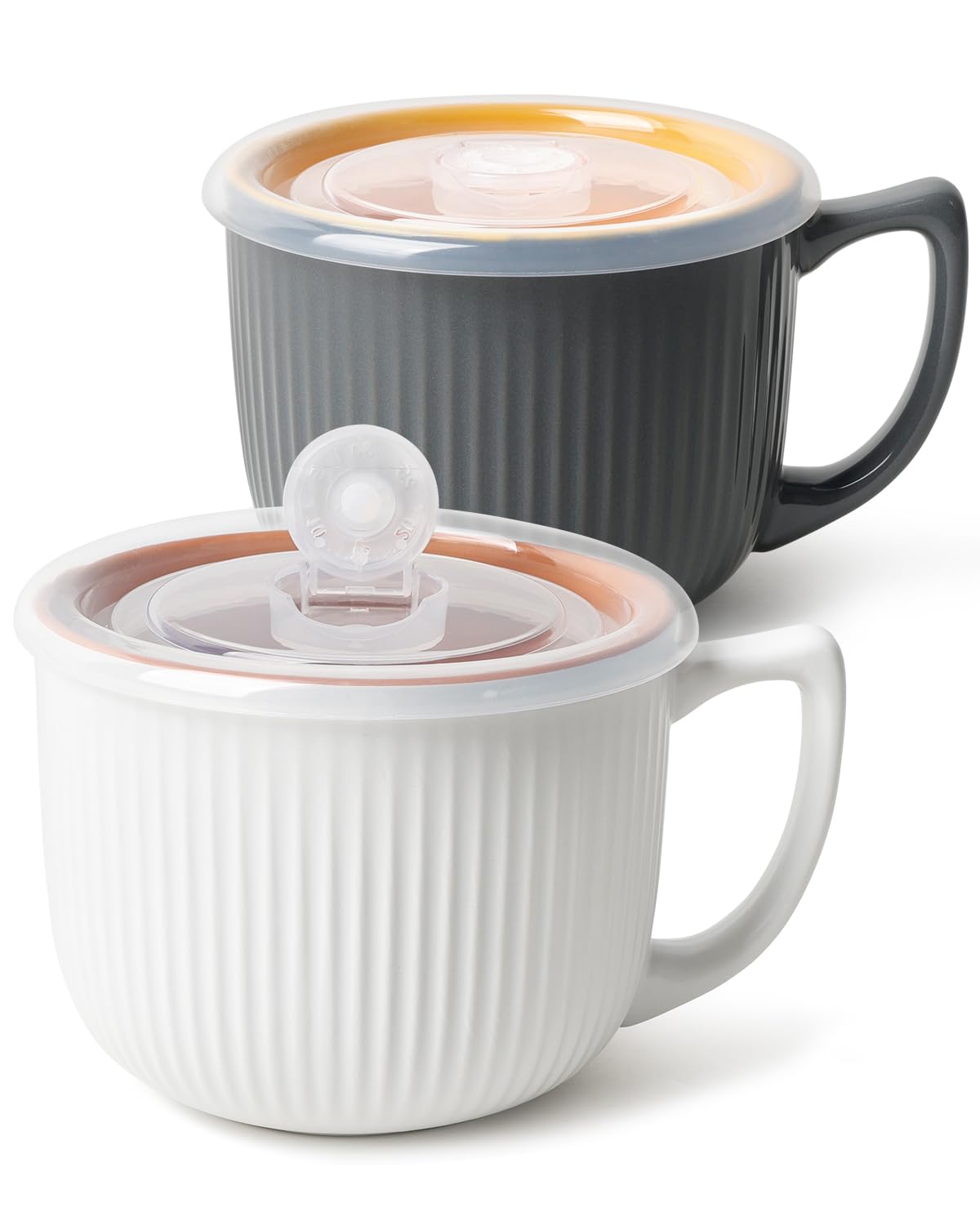 Ceramic Soup Bowls with Vented Lid, 32 Ounce Soup Mug with Handle, 2packs 5 inch Jumbo Soup Cups, Wide Large Cereal Bowl for Oatmeal, Gumbo Salad, Microwave Oven Safe (Gray &amp; White)