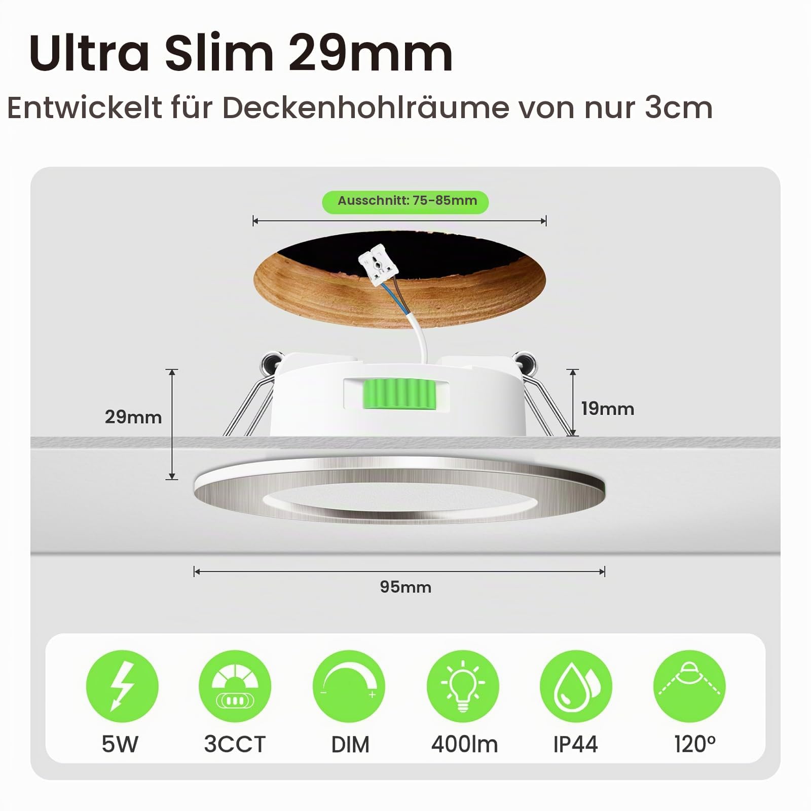 ALUSSO LIGHTING 12 Stück Einbaustrahler Led,5W 350 Lumen Led Einbaustrahler 230V Dimmbar,Deckenspots 3CCT 3000K 4000K 6500K Einstellbar Einbauleuchten,IP44 Deckenstrahler für Badezimmer,Küche,Nickel