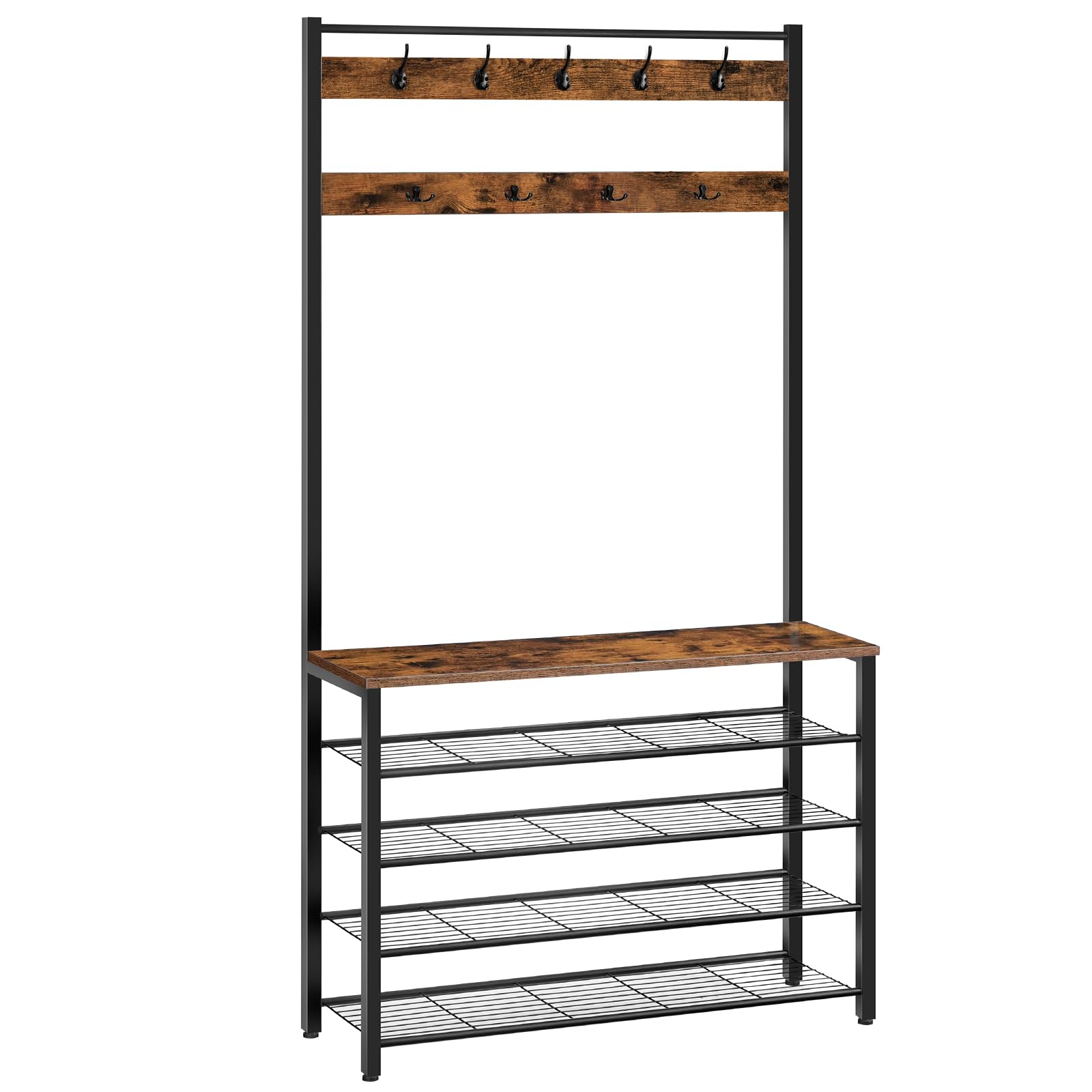 HOOBRO Hall Tree, Coat Rack with Shoe Rack, 39.4” Hall Tree with Bench, 5 Tier Shoe Storage Organizer with 9 Hooks for Entryway, Closet, Sturdy, Industrial, Rustic Brown and Black BF801MT01