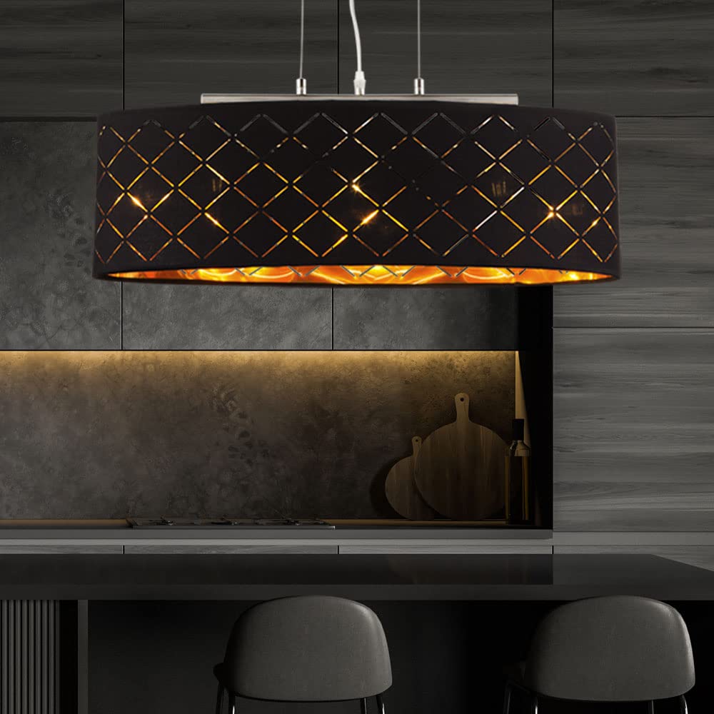 Deckenleuchte Lampe Wohnzimmer hängend schwarz gold Wohnzimmer hängend Hängelampe Esstisch, 3 Flammig Stanzungen, Metall Textil, 3x LED 7W 806Lm 2700K, LxBxH 65x25x140 cm