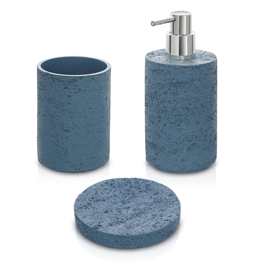 Inbagno Accessori Bagno in Set Completo 3 Pezzi Effetto Pietra Turchese Cobalto, Kit Accessori appoggio, Include Dispenser, portaspazzolini e portasapone in Resina (Set 3)