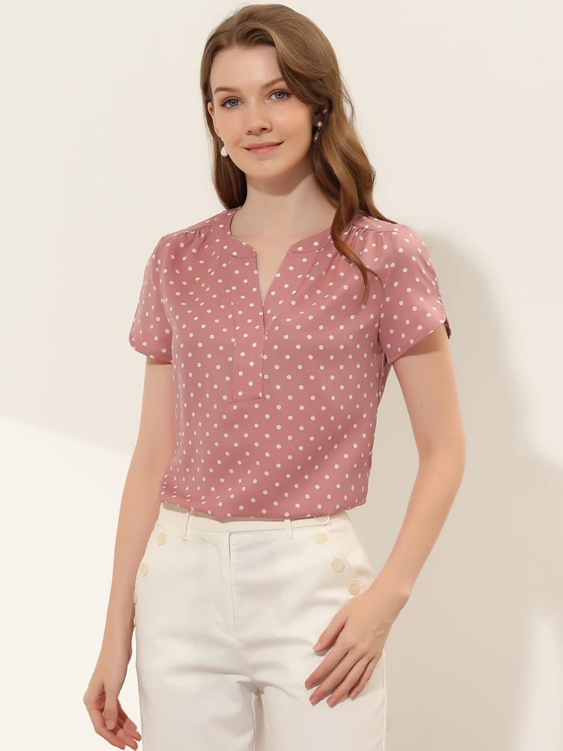 Allegra K Women's Polka Dots Print V Neck Short Sleeve Elegant Work Office Tops - Image 2