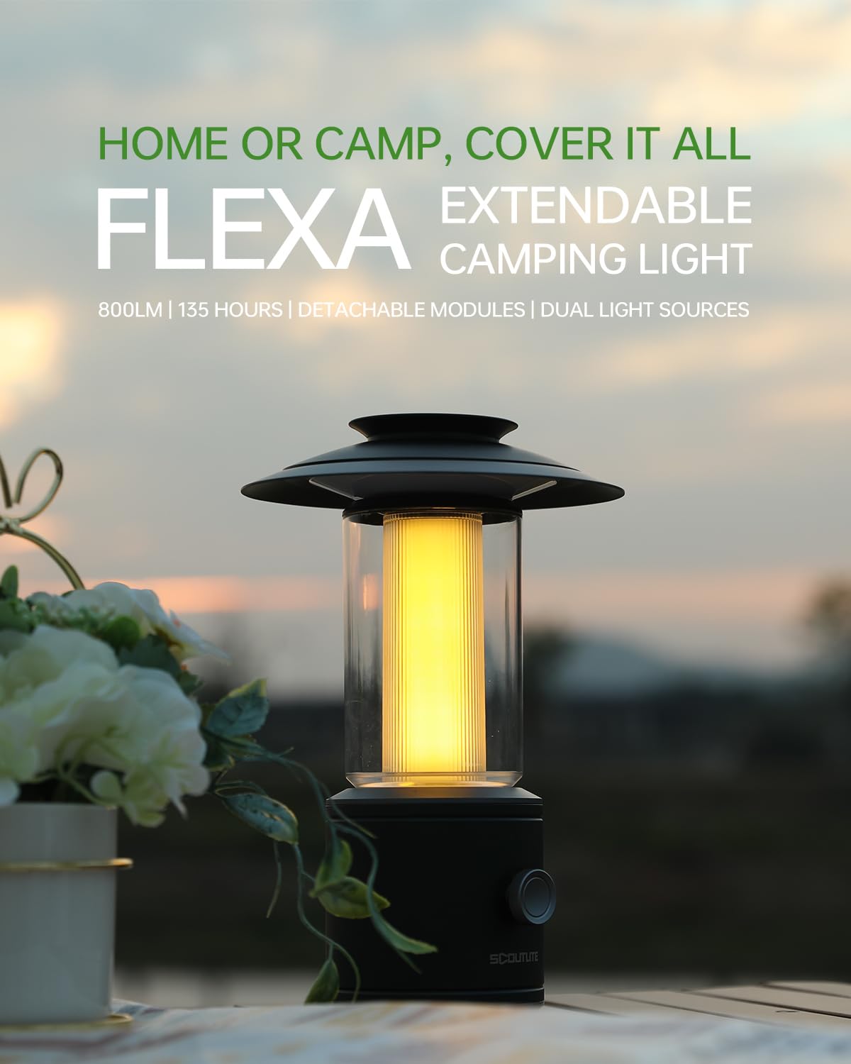 FLEXA Extendable Camping Light, 3 in 1 Telescoping Lantern with 135H Runtime, 13400mAh, USB-C 18W Charging, IPX4 Water Resistant, Adjustable Warm and White Light for Camping, Hiking and Emergency Use
