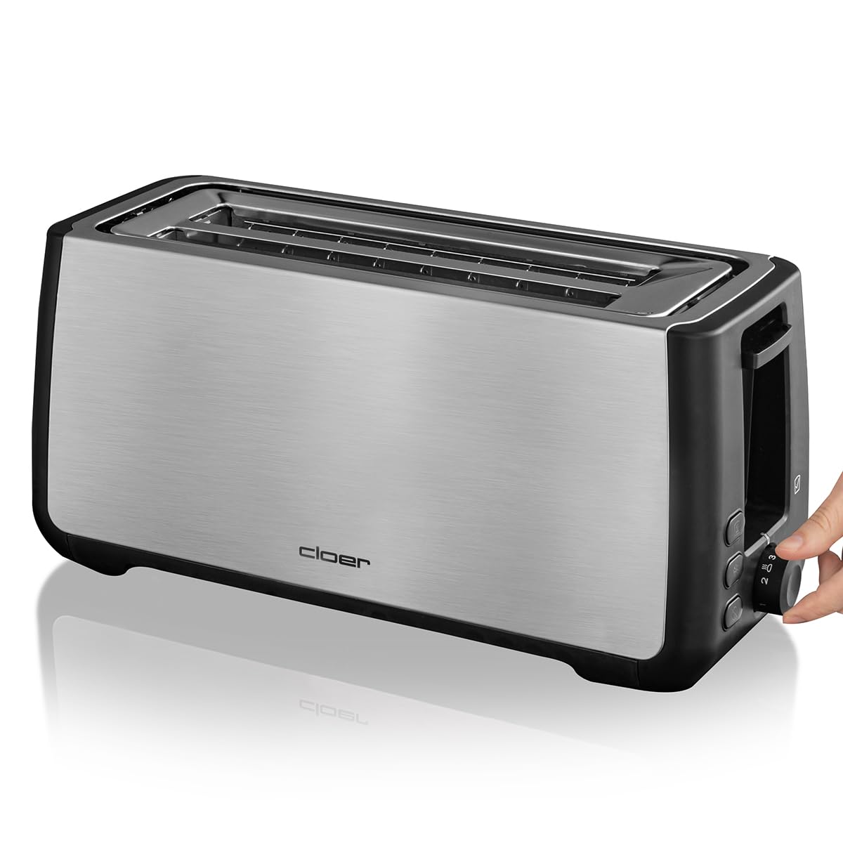 Cloer 3579 Tostapane King-Size per 4 Fette XXL, 1500 W, funzione toast-check, corpo in acciaio inossidabile con elementi in plastica nera