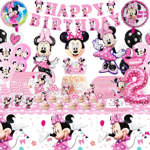 111 Stück Partygeschirr Kindergeburtstag 2 Jahre Party Deko Geburtstag Geschirr Kit Geburtstagsdeko Rosa Partygeschirr Luftballon Banner Pappbecher Geburtstagsdeko für Kinder