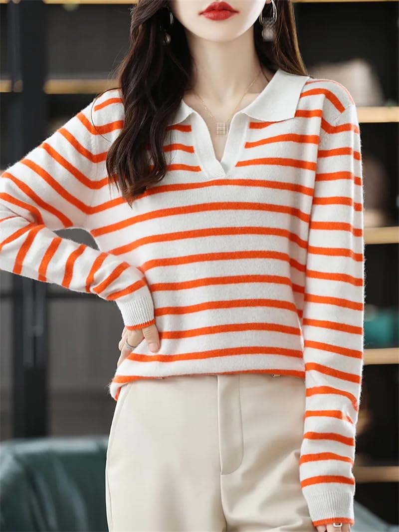 Dninmim Maglione da donna in lana con collo a polo, per autunno e inverno, casual, a righe