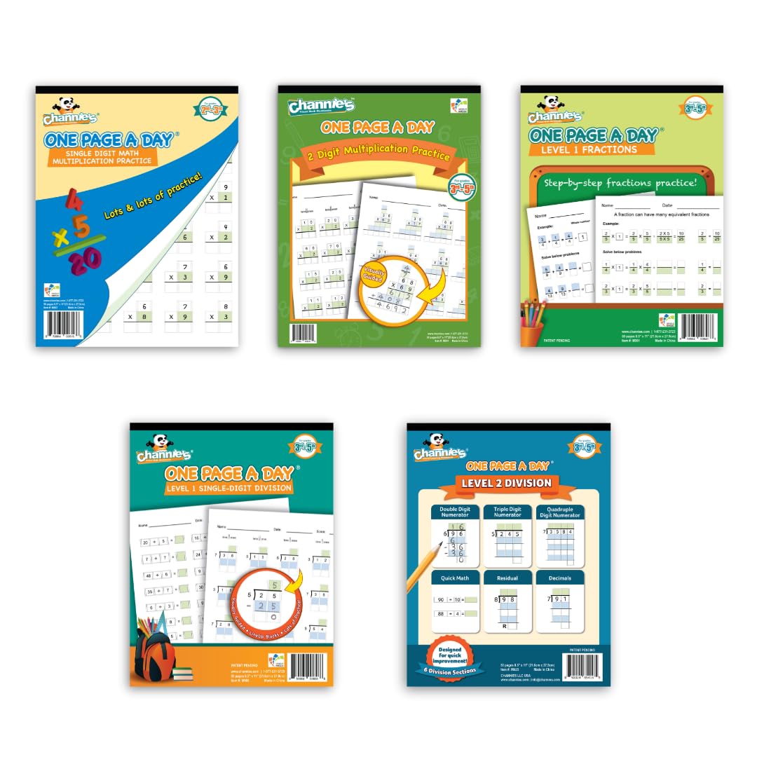 Channie's Close The Gap Upper Level Math Workbook Bundle – 5 Übungsbücher für Multiplikation, Brüche und Division – Farbcodierte Blöcke für ordentliche, ausgerichtete Mathematik – Elementarstufen