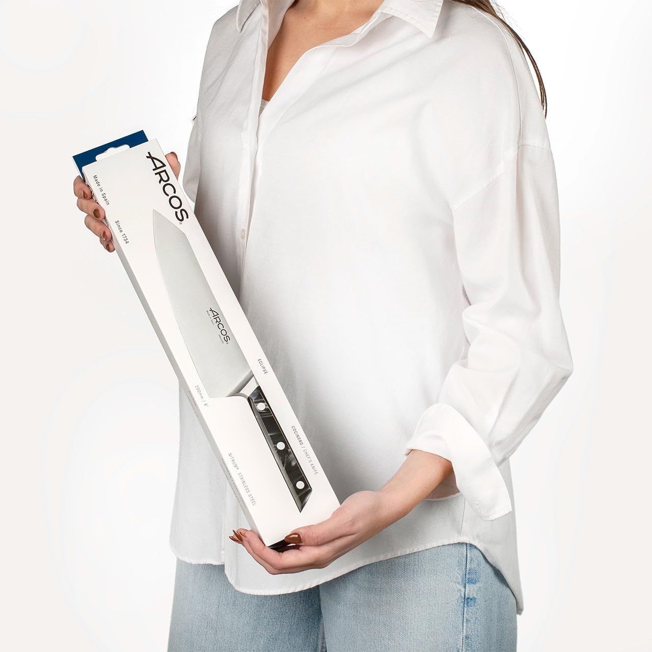 Arcos Eclipse Series - Chef's Knife - 8" Forged Stainless Steel Blade with Silk Plus Edge - Special Gloss Polish - Acrylic Handle - Black Color