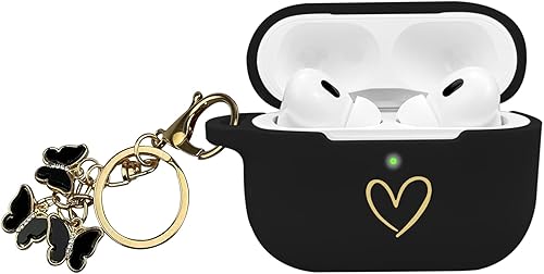 Miniatura 1 de Funda compatible con AirPods Pro 2 2022, funda de silicona suave con patrón de corazón dorado para AirPods Pro de 2 generación con bonito llavero de