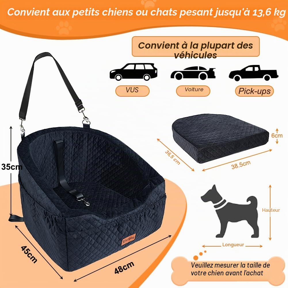 Vivifying Siège Auto pour Petit Chien, rehausseur Amovible et Lavable pour Animaux jusqu'à 11,3 kg - Lit de Voyage avec Compartiments de Rangement et Ceinture de sécurité (Noir)