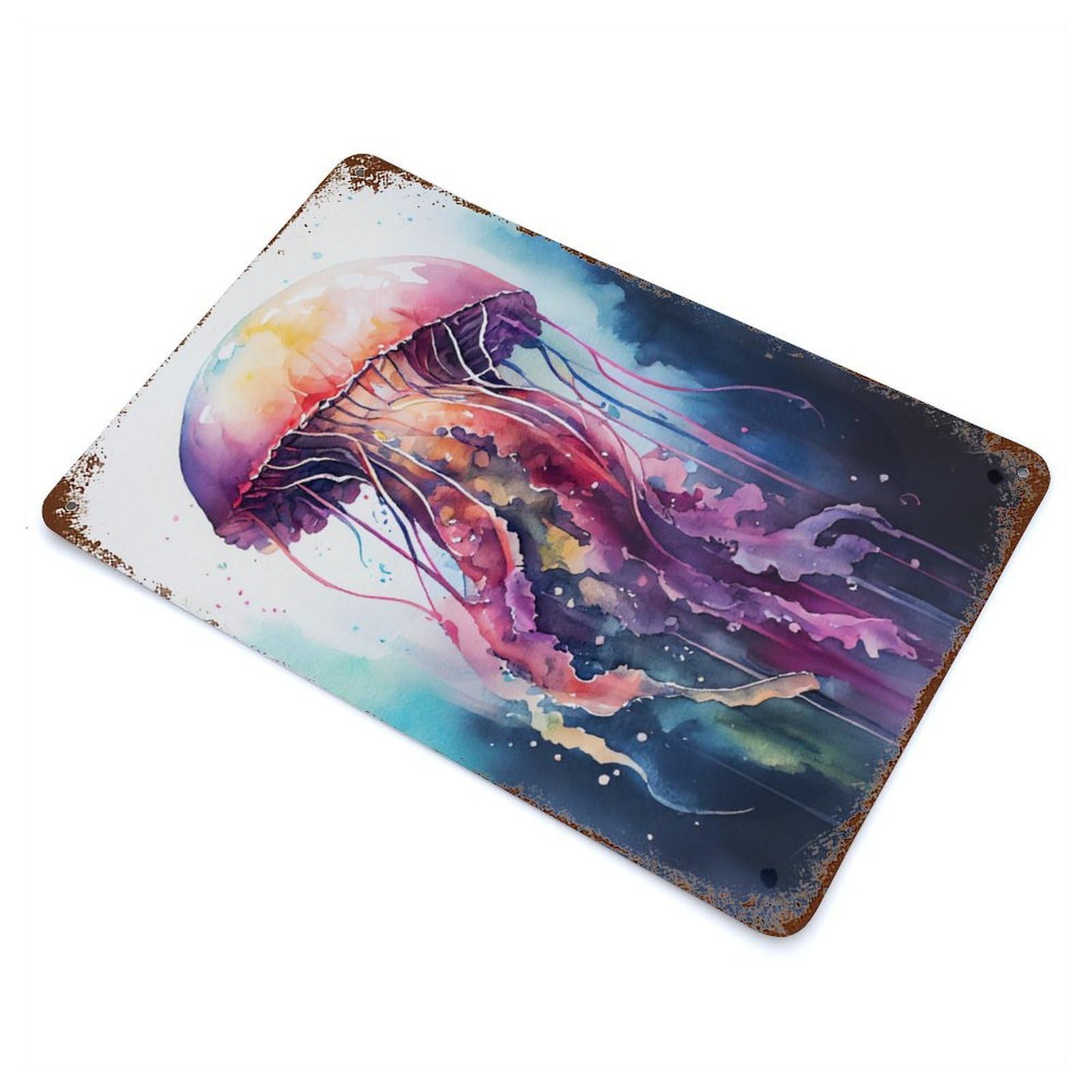 Jellyfish Watercolor Rustic Tin Plaque 11.8"x7.9", for Living Room, Hallway And Home Decor, Decorative Metal Wall Art
