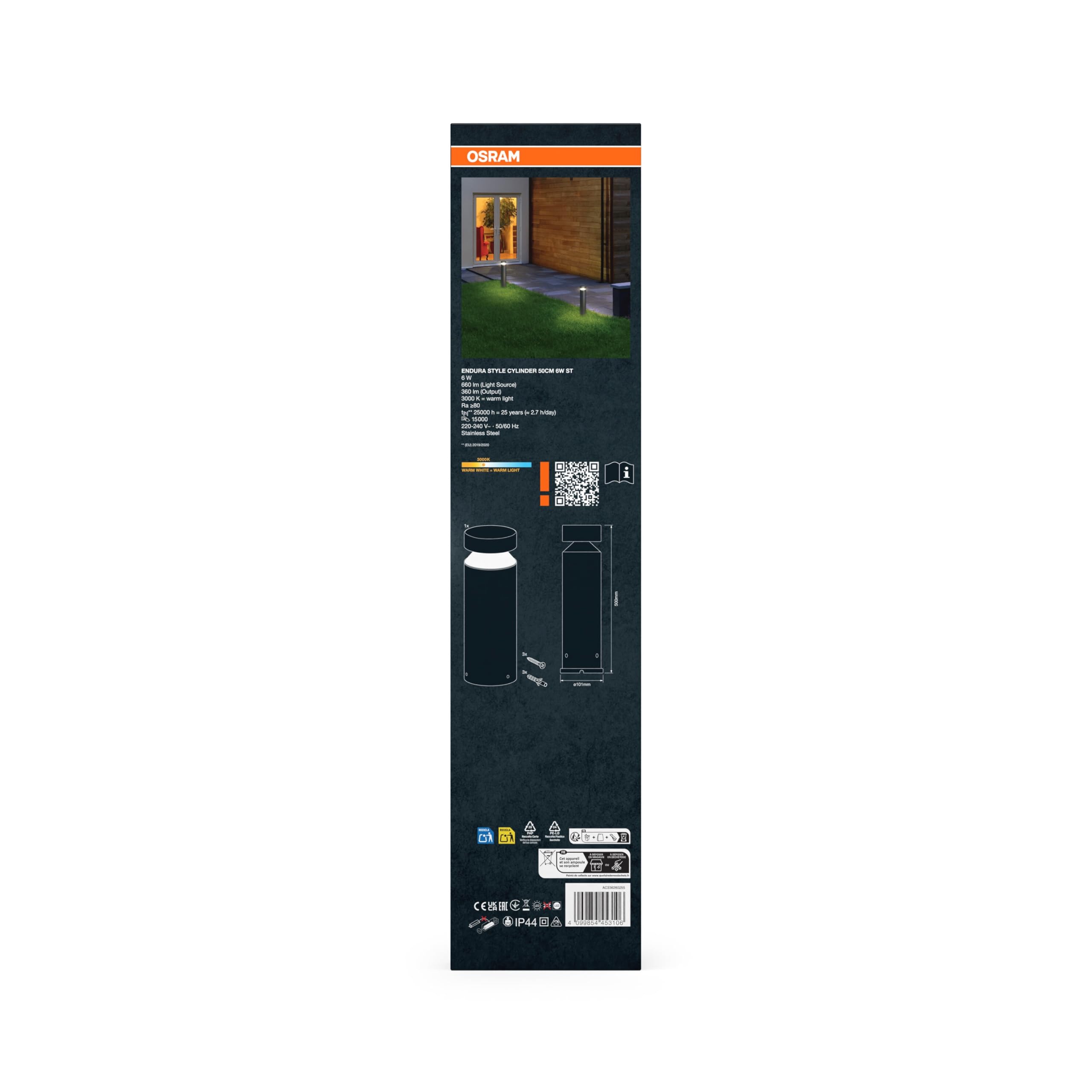 Osram ENDURA Style Cylinder Außenwandleuchte 50cm, 6W, 3000K, 660lm, modernes Edelstahl-Design, IP44 für Fassaden und Eingänge | ENDURA Style Cylinder, Outdoor Lanterns, Stahl, 101 mm dia, 30000 h, 1-Pack