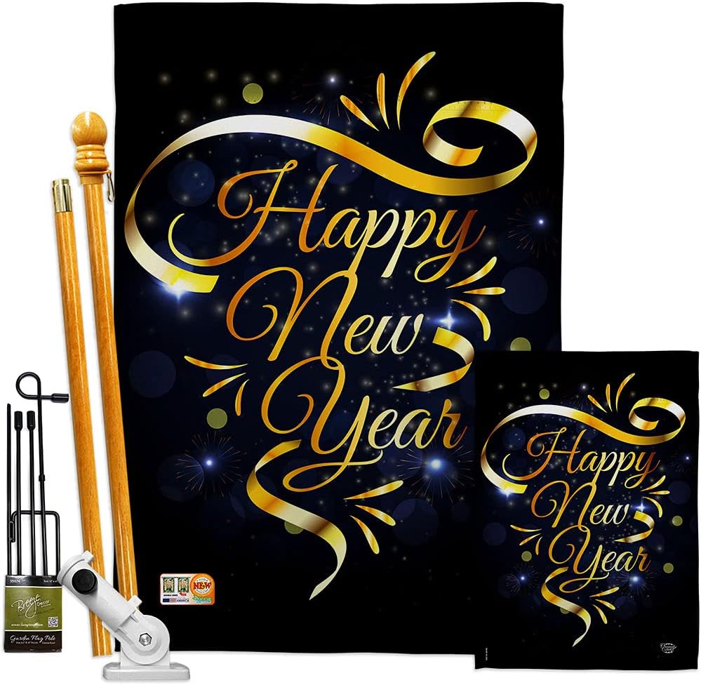 Gold Happy New Year House Flag Clock Countdown Champagne Party Fireworks Celebrate Small Decorative Gift Yard Banner Double-Sided Made In USA 28 X 40