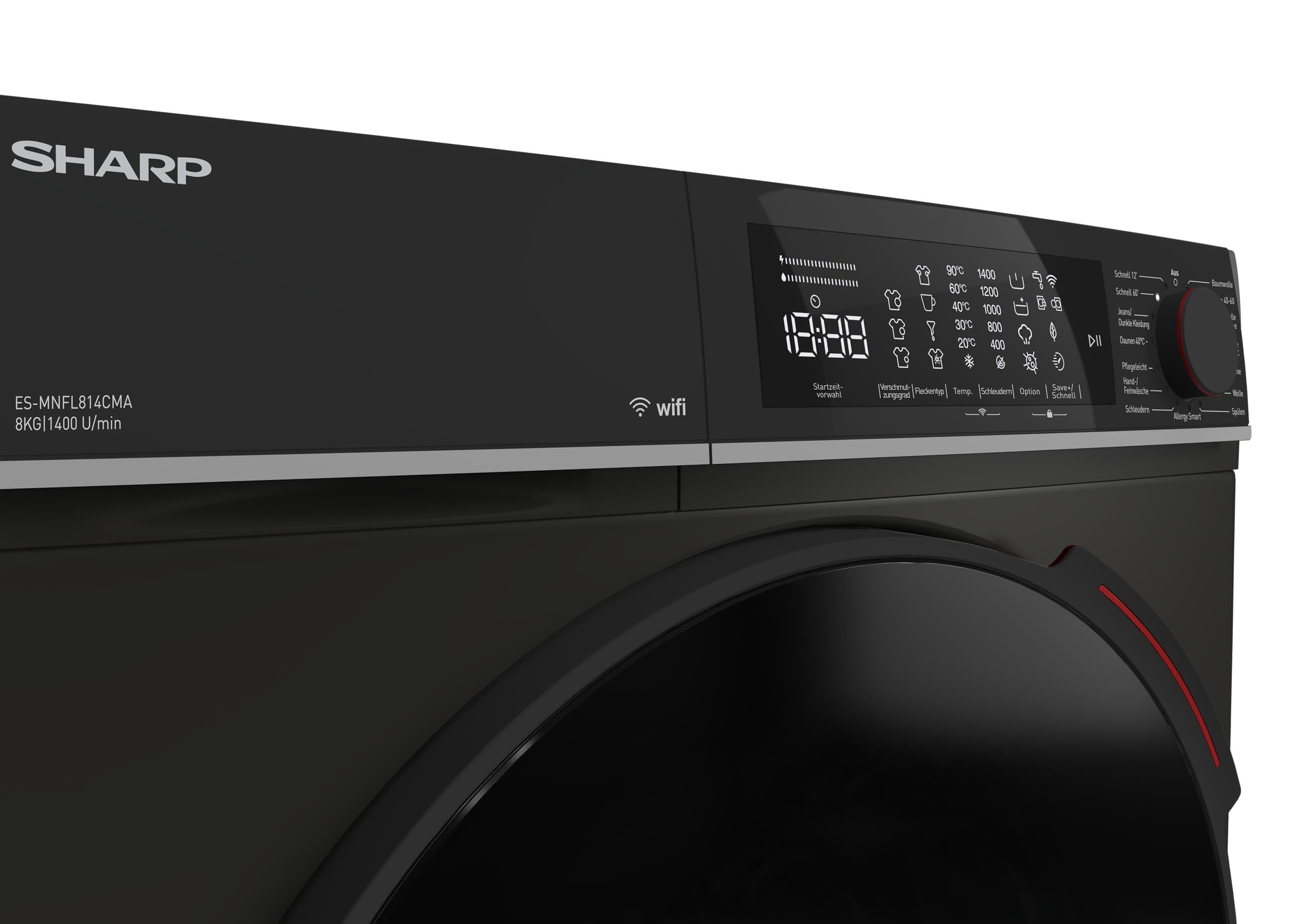 SHARP ES-MNFL814CMA-DE Waschmaschine Frontlader 8 kg, Energieeffizienzklasse A, 1400 U/min, Inverter Motor, AquaStop, Dampffunktion, MicroFiber-Filter, LED Touch Display – Mattschwarz