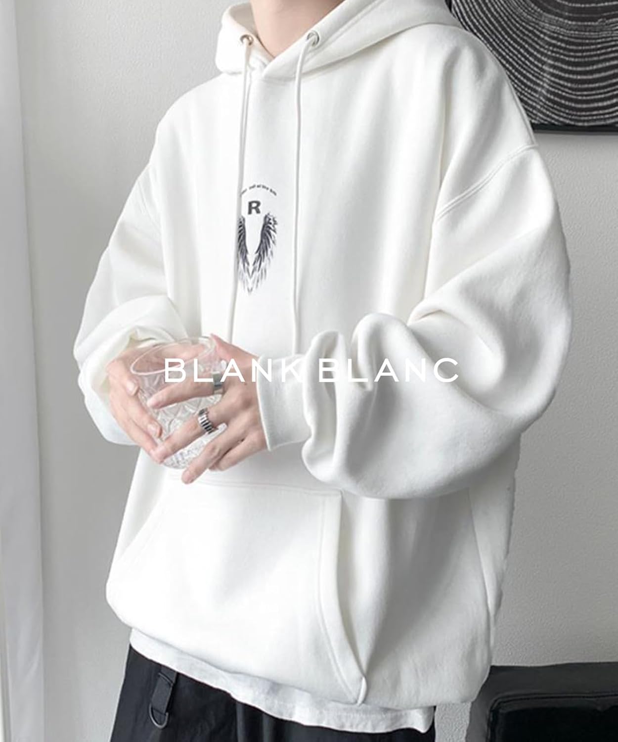 [BLANK BLANC] パーカー フーディー メンズ ビックシルエット 羽 プリント カジュアル ゆったり 秋冬 B05