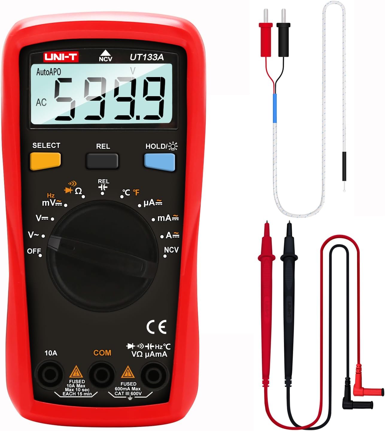 Digital Multimeter Tester UT133A, AC DC Voltage Current Dmm Multimeter 6000 Counts Auto Ranging NCV Measures Volt Amp Ohm Capacitance Frequency Temperature, Continuity Diode Test, Palm Size
