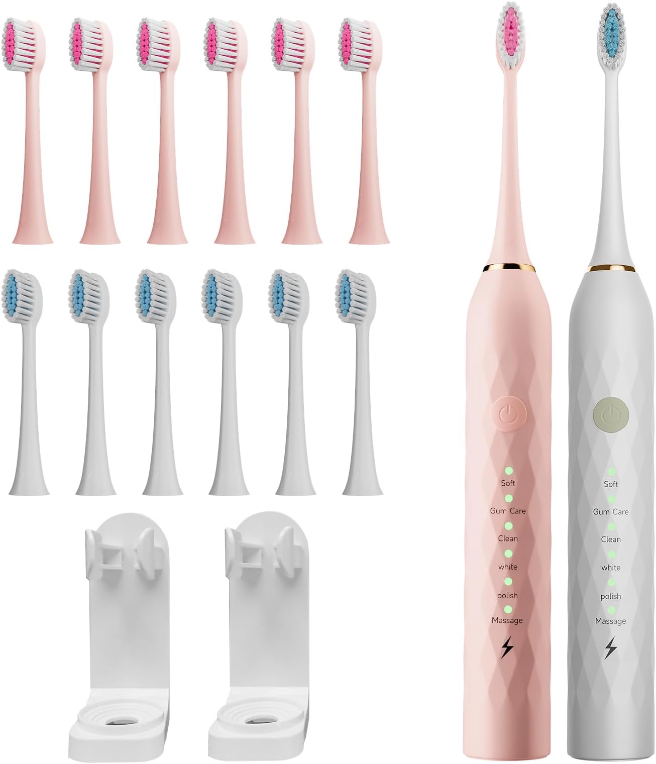MAXWISDOM2 Pcs Toothbrush Electric with Holders, 12 Sonic Toothbrush Heads Replacement, 6 Modes, IPX7 Waterproof, Smart Timer, 2 Hours Charge for 60 Days (Pink & White)