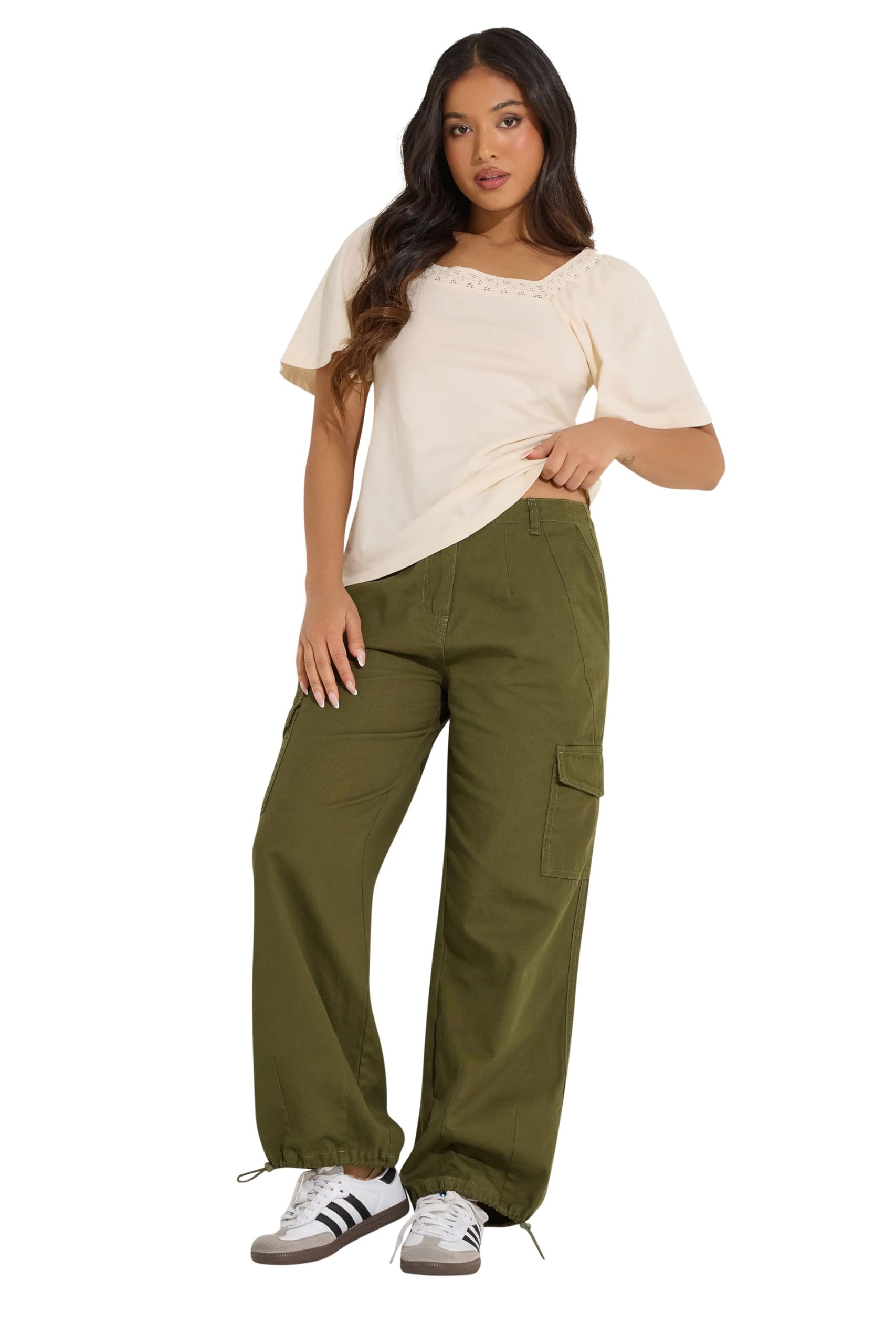 Pixiegirl Women's Dark Green Petite Cuffed Cargo Trousers In | Size: 14S