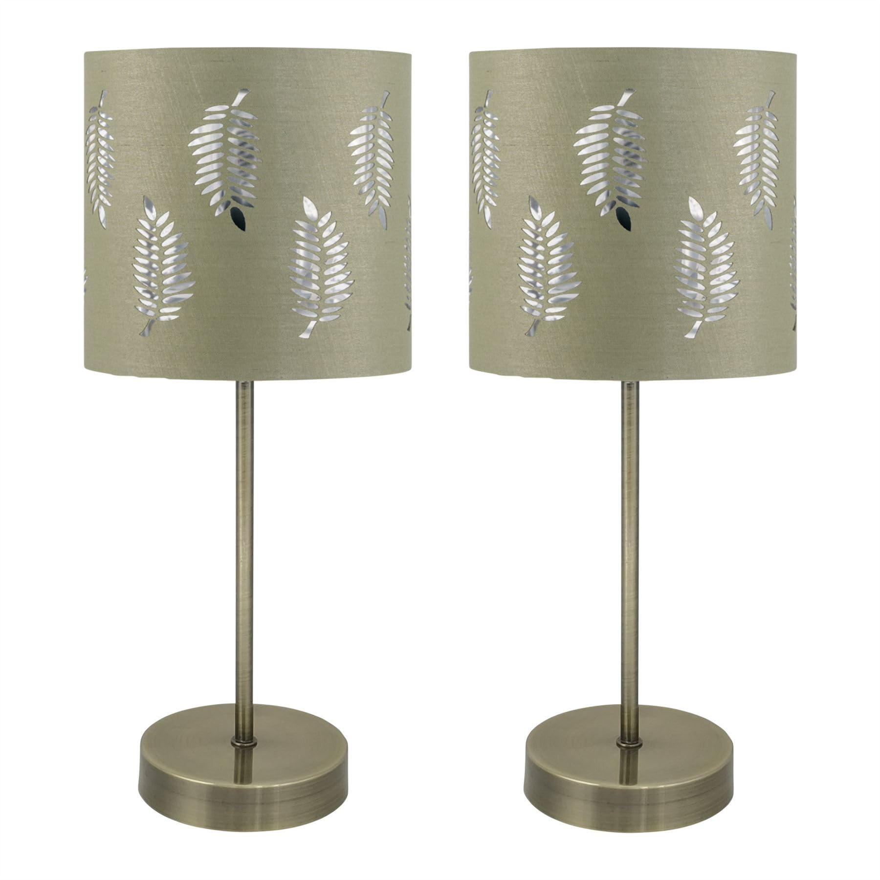 First Choice Lighting Set Of 2 Antique Brass Stick Table Lamps With Sage Green Fern Shades from B&Q