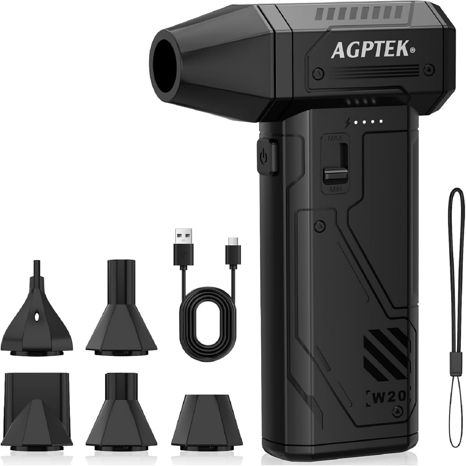AGPTEK Soplador de Aire Inalámbrico 260000 RPM, Motor sin Escobillas | 3 Velocidades Ajustables, para Limpiar Teclado, PC, Coche y Hogar, 8000 mAh Recargable con LED, Portátil, Potente y Eficiente
