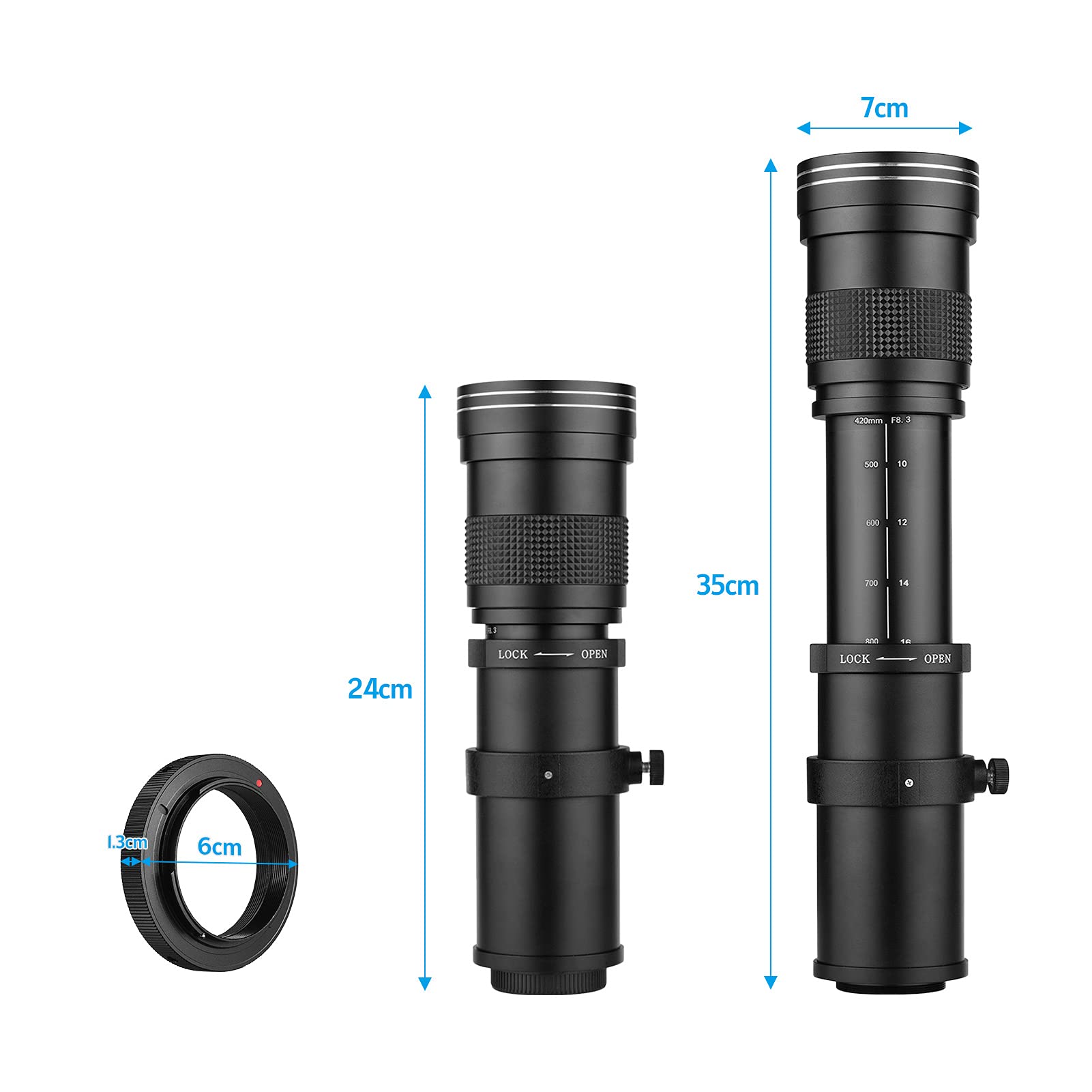 Andoer Super Teleobiettivo Zoom Obiettivo F/8.3-16 420-800mm con Anello Adattatore AI-Mount Universale 1/4 Filettatura per Fotocamere Nikon AI-Mount