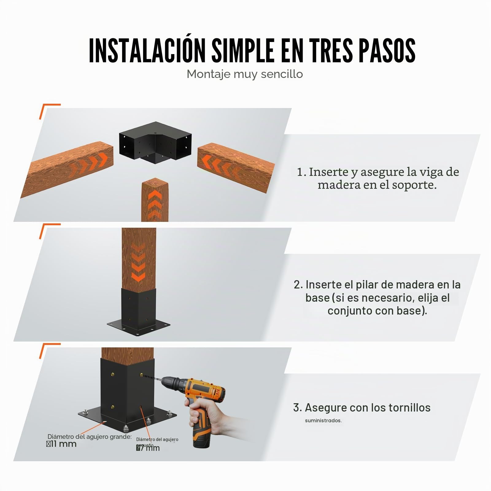 VEVOR 4PCS Kit de Soporte de Pérgola 4"x4" (10x10 cm) Soporte para Postes de Maderas 4 Soportes de Esquina de 3 Vías Postes de Madera Hardware de Bricolaje para Cenadores, Pérgolas de Patio, Cabañas