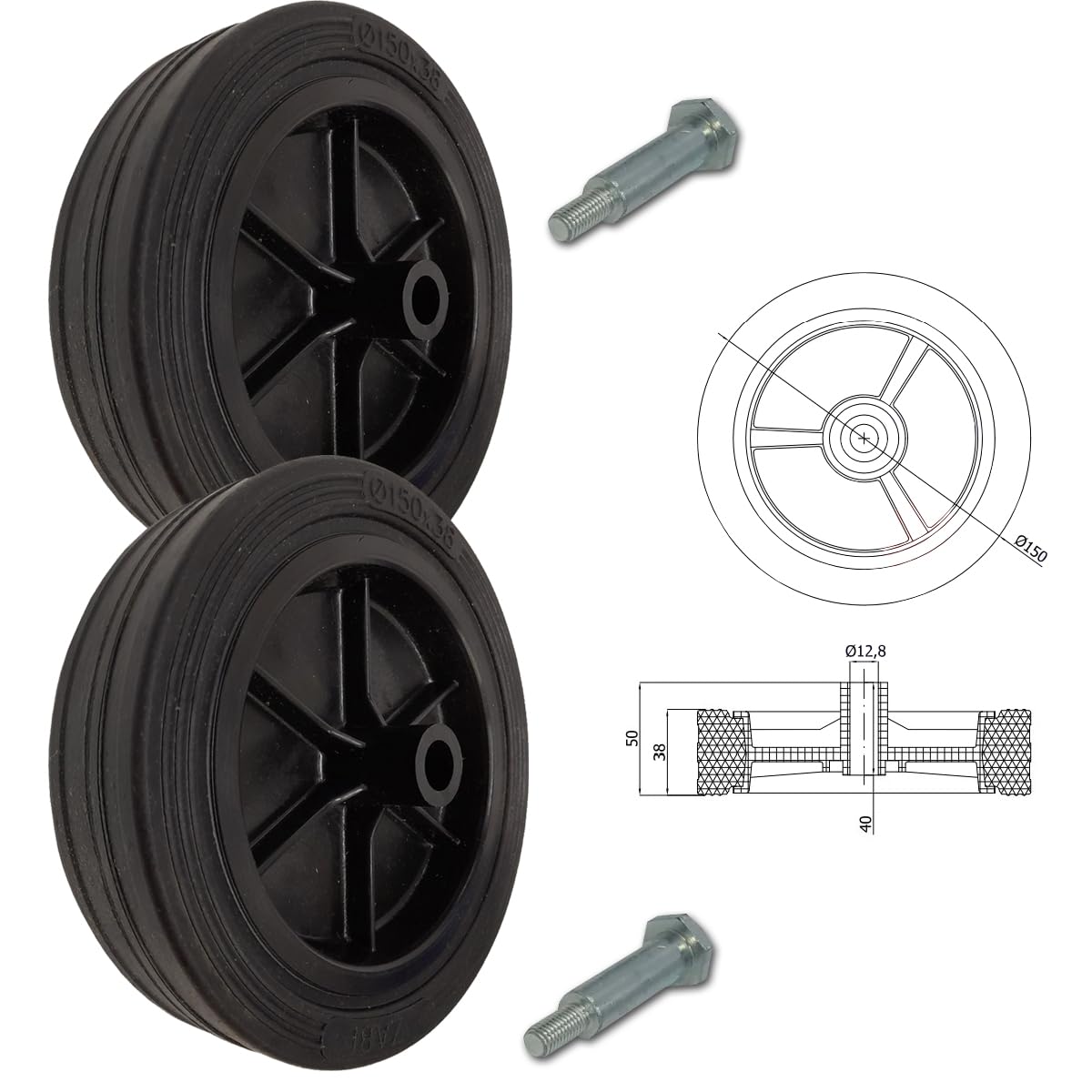 Rasenmäherrad Ø150 mm – schwarzes Ersatzrad aus Vollgummi, robustes Kunststoffrad für Rasenmäher, mit Montage-Set, Code: K150*M8