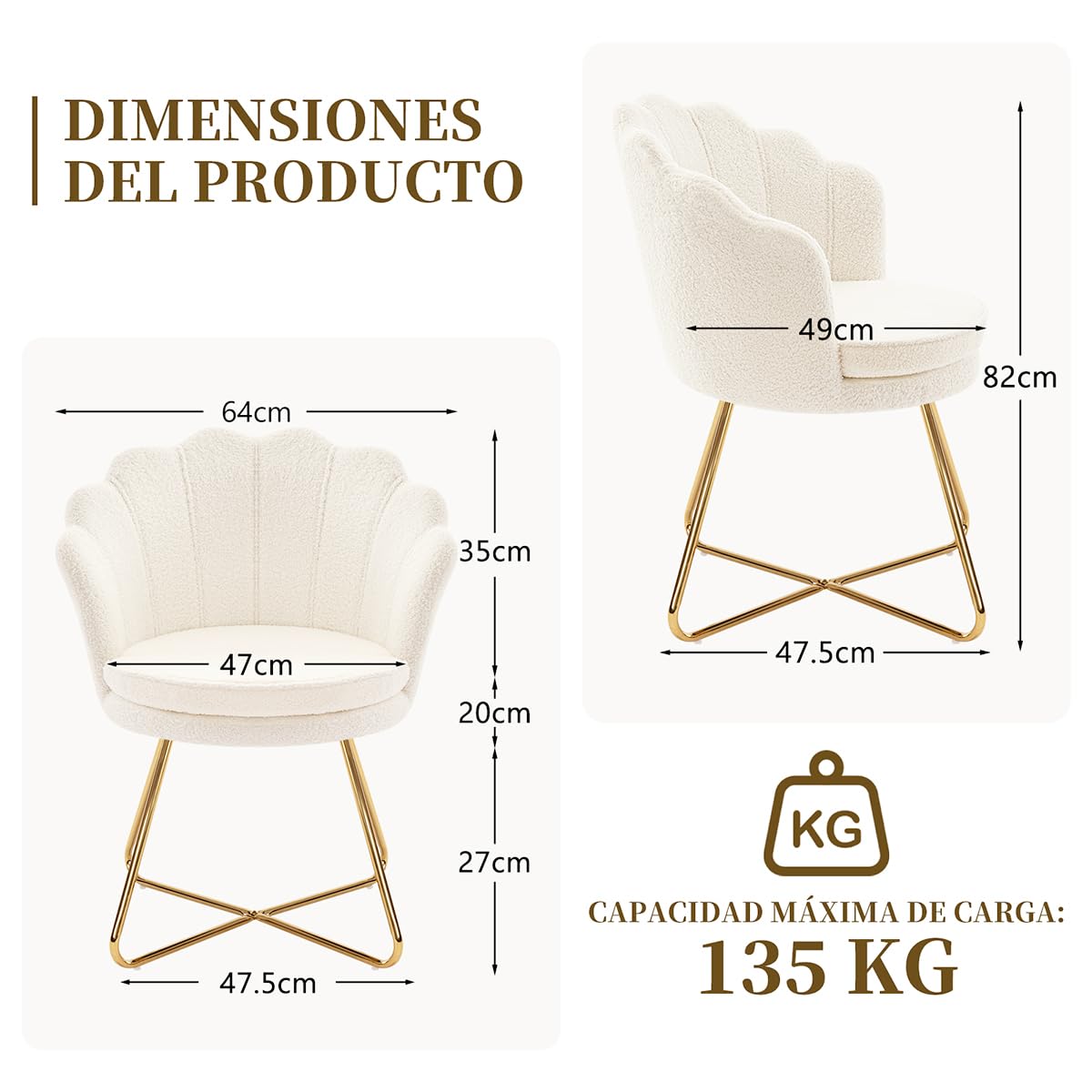Hellove Silla Sherpa para Tocador y Dormitorio, Sillón Relax de Tela Suave con Piernas Metálicas Doradas, Diseño en Forma de Concha/Floreta, Silla de Maquillaje para Dormitorio/Salón, Blanco