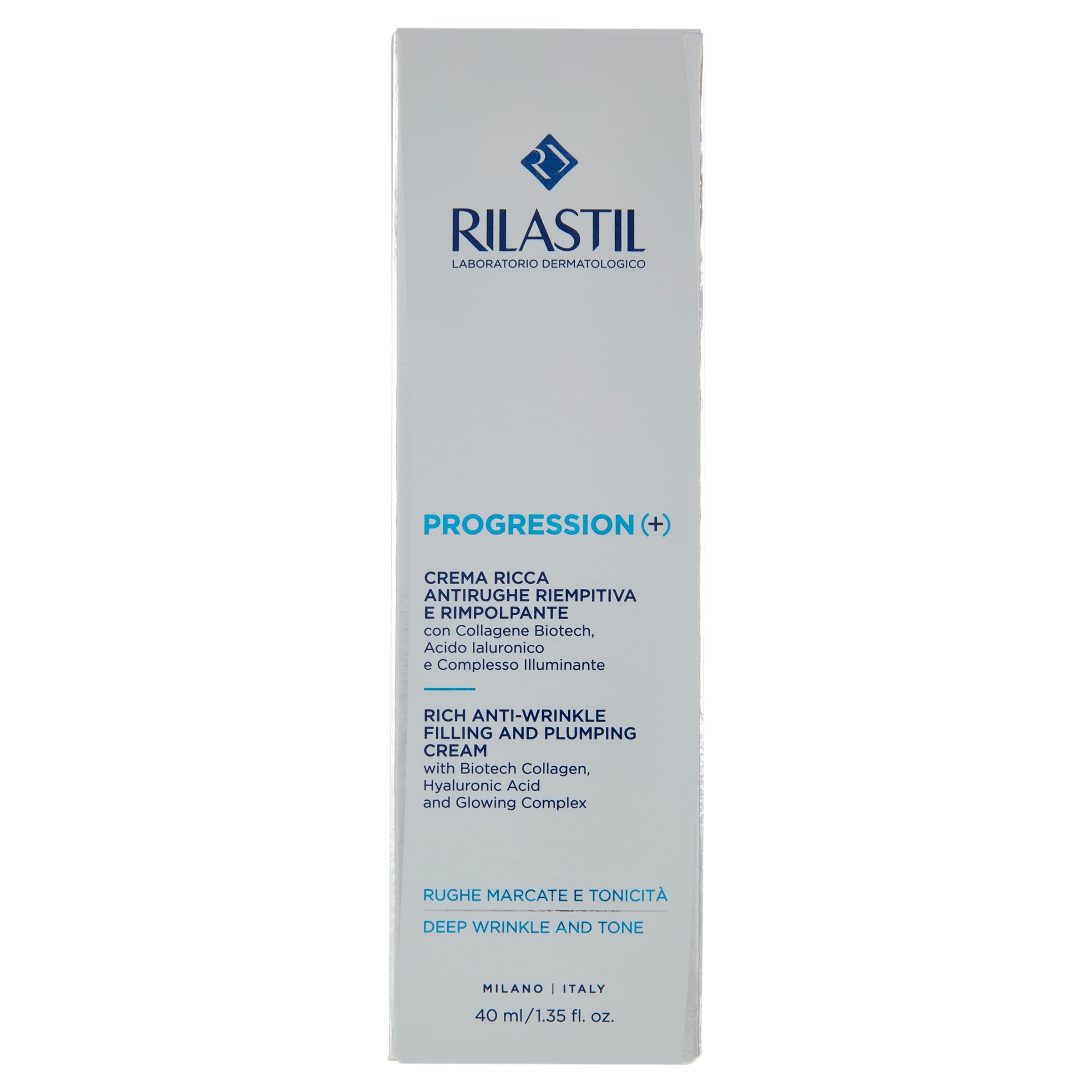 Rilastil Progression(+) Crema Ricca Antirughe Riempitiva e Rimpolpante, Trattamento Rughe Marcate, Antiaging, Rimpolpante per Pelli Mature con Collagen, Acido Ialuronico, Confezione da 40 ml