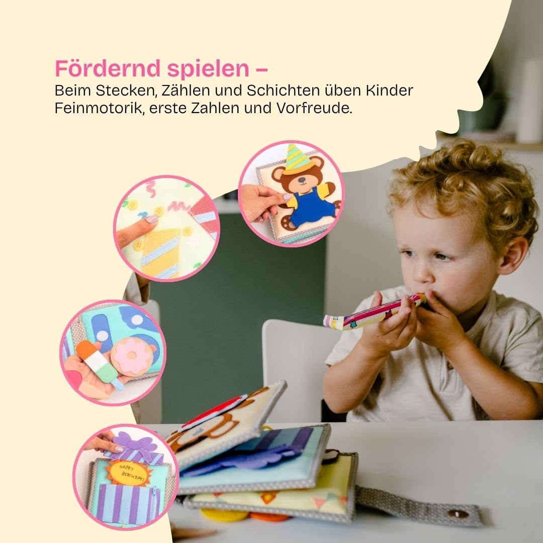 Jolly Designs – Happy Bearsday - 6 Seiten Mini Quiet Book – Montessori Spielzeug ab 1 Jahr – Motorik & Sensorik fördern – Handgefertigtes Filzbuch – Lernspielzeug für Kleinkinder – Busy Book
