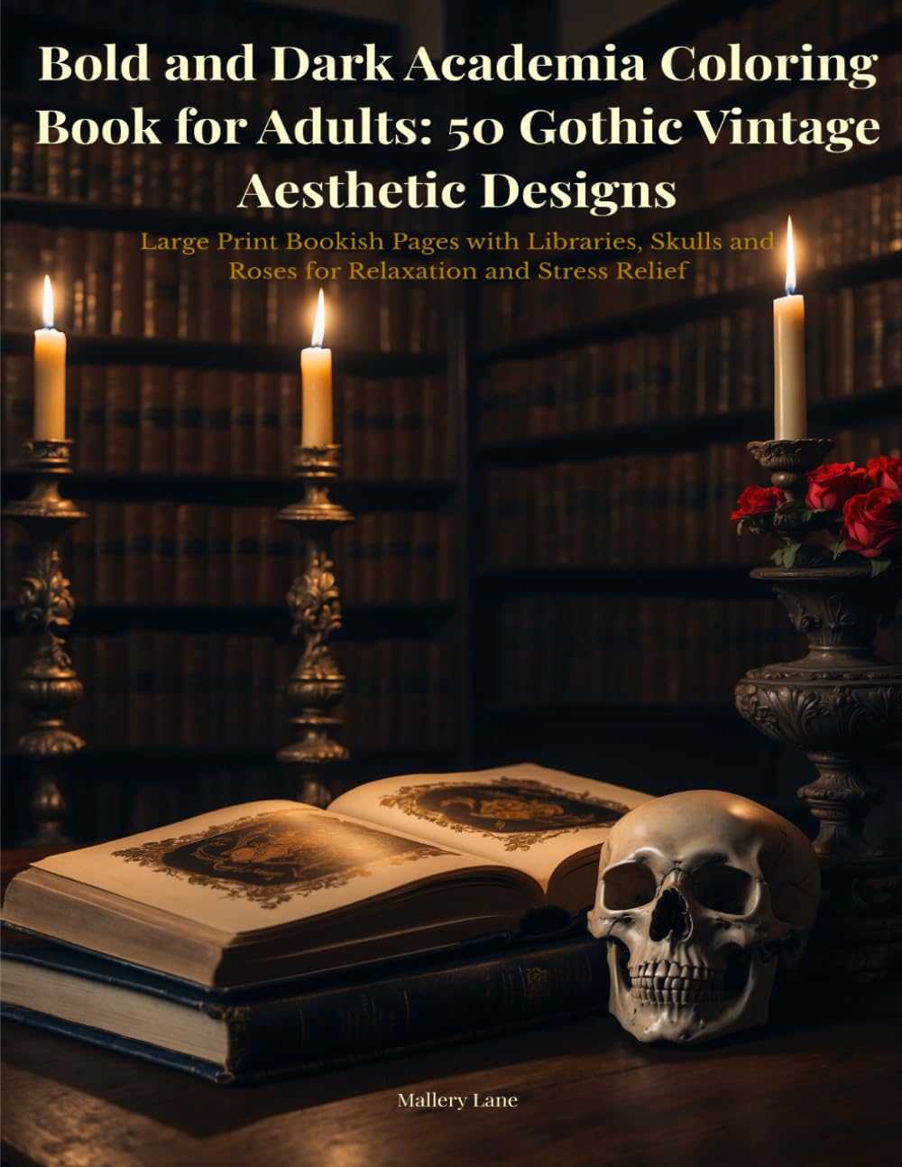 Bold and Dark Academia Coloring Book for Adults: 50 Gothic Vintage Aesthetic Designs: Large Print Bookish Pages with Libraries, Skulls and Roses for Relaxation and Stress Relief