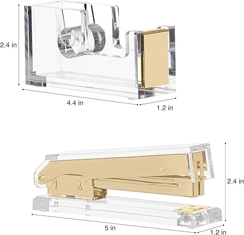 Miniatura 8 de Staple & Stick Diseñador de suministros de oficina, grapadora acrílica Lucite Gold y dispensador de cinta, elegante dispensador de cinta dorada y