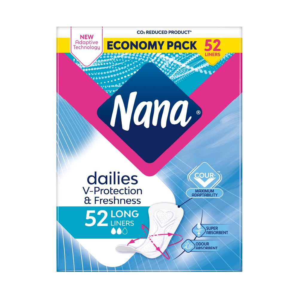 Nana Daily Long Panty Liners, Super Absorbent, Scent Free, Gentle on the skin - 52 Liners (Economy pack)