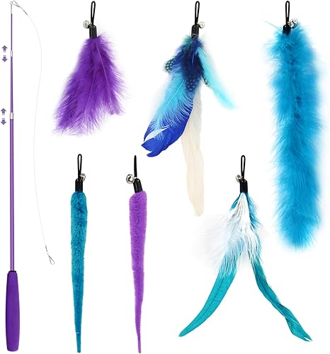SONGWAY Juego de juguetes interactivos de plumas para gatos, varita retráctil con 6 recambios de plumas con campana, juguetes de varita para gatos