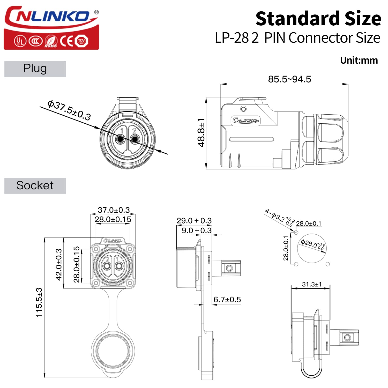 CNLINKO Conector Impermeable LP-28 de 2 Pines, Conector Circular con diseño Seguro de Tornillo, Conector rápido aviación IP68, Toma con Brida M28 con Panel de 4 Orificios (LP28 2 Pines)