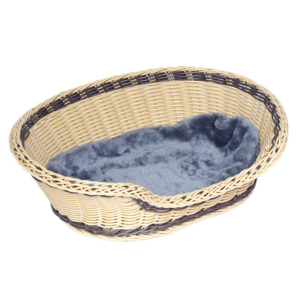 Pet Bed Large Dog Basket Rattan Wicker Puppy Nest Washable Mat Four Season Teddy Supplies Suitable for Small And Medium Dogs,Beige,S56*44cm