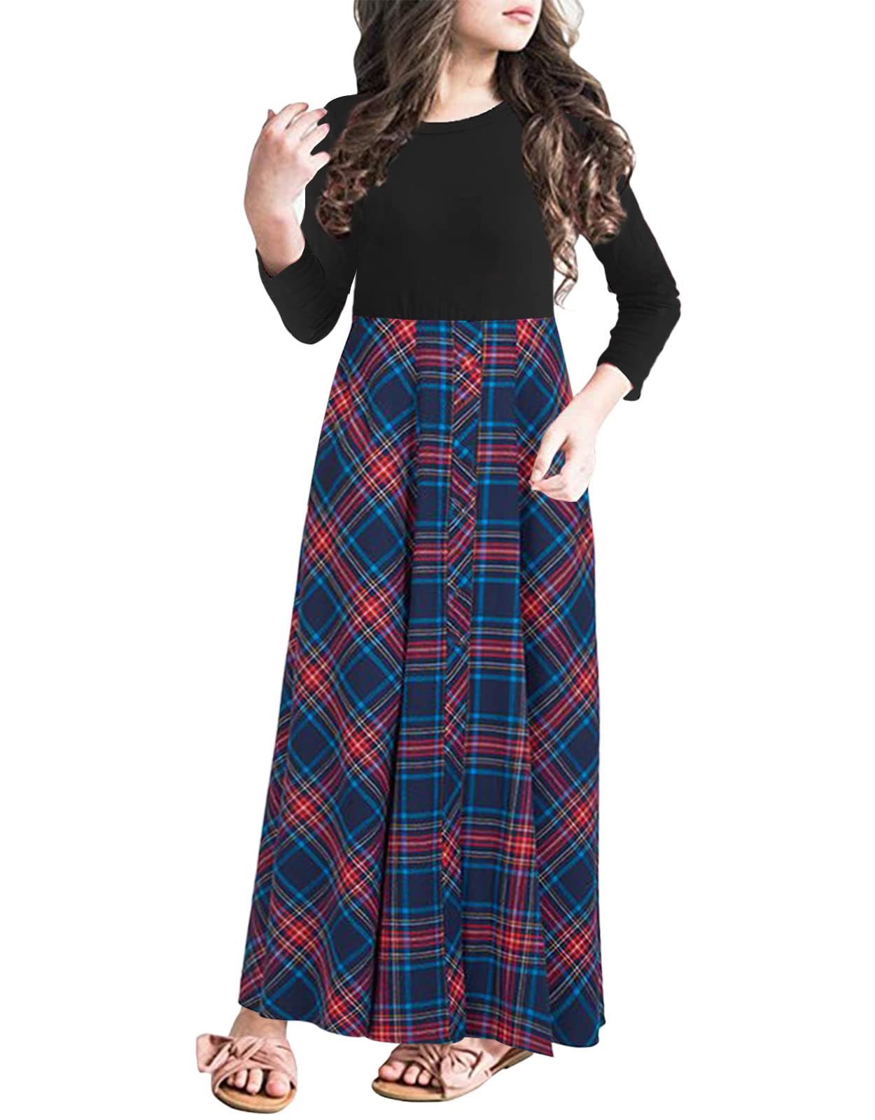 KYMIDY Maxikleid für Mädchen, Büffelkaro, kariert, langärmelig, Freizeitkleider mit Taschen, für Mädchen von 6–14 Jahren
