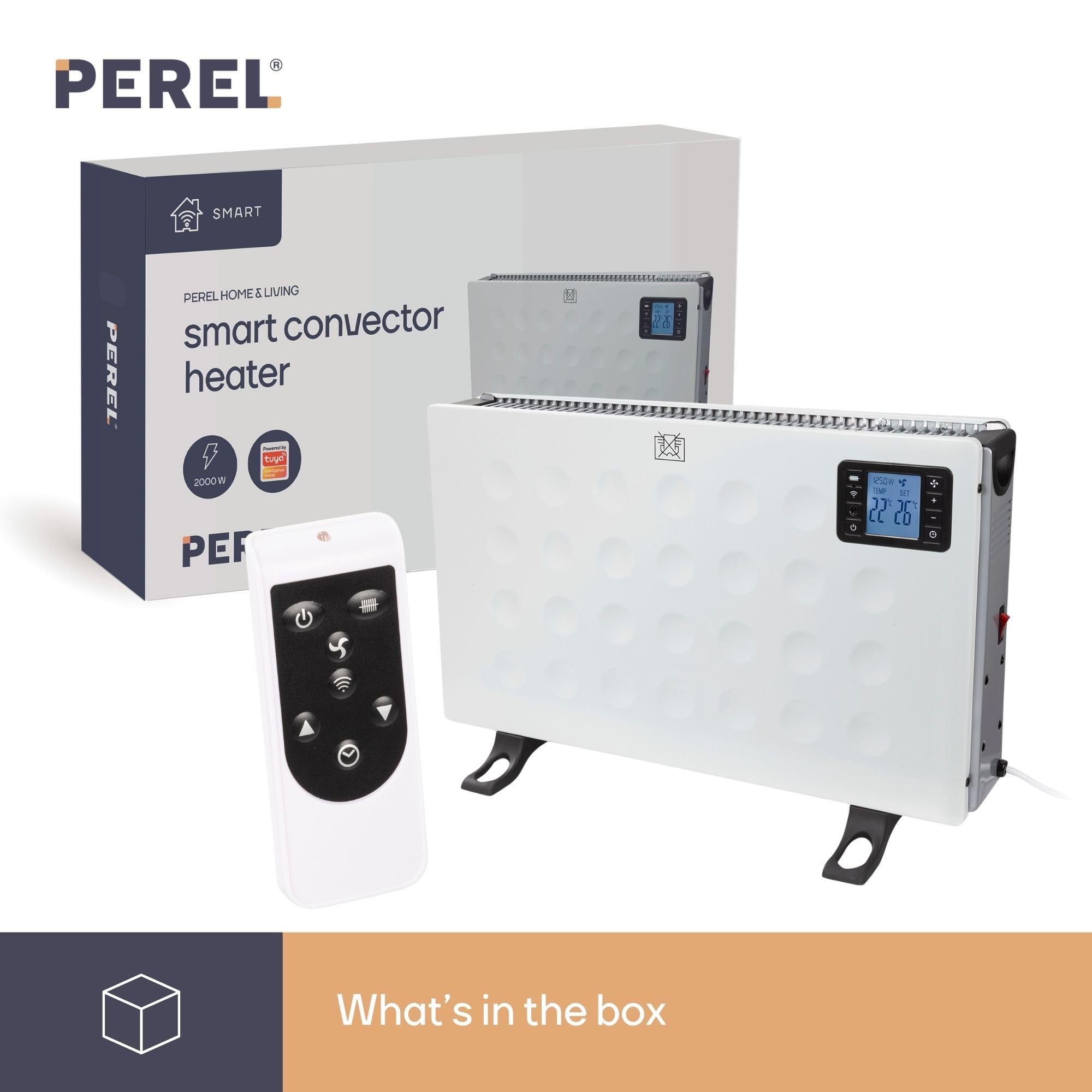 Perel Calefactor convector inteligente 2000W con 3 niveles de calor, termostato, IP20, protección contra sobrecalentamiento, portátil con mando a distancia y control Tuya app, para habitaciones hasta
