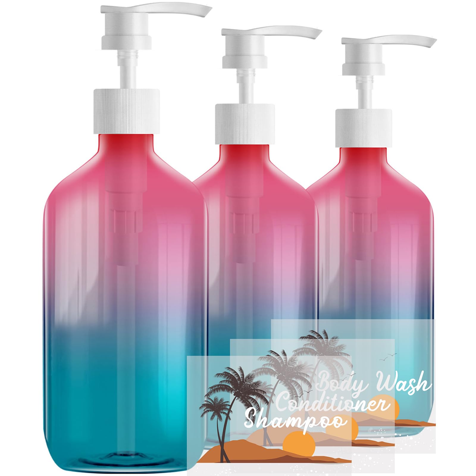 Foochy Gradient Color Empty Plastic Bottles With Pump Dispenser And 6Pcs Labels Included, Refillable Travel Containers For Shampoo, Lotion, Hand Sanitizer & More, 500Ml/16.9Oz (3 Pack)