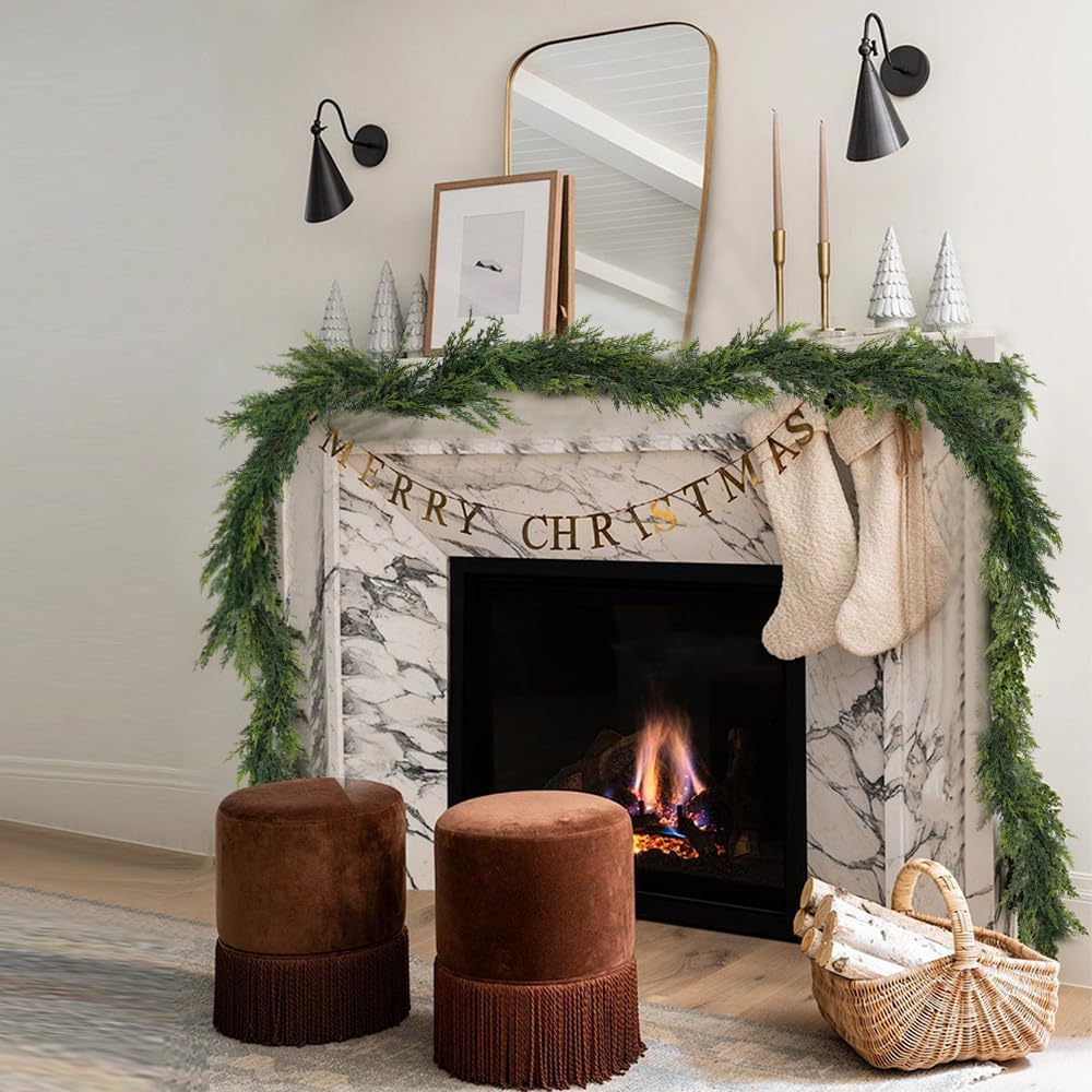 Christmas Cedar Garland,2Pcs 6ft Real Touch Cedar Pine Garland for Mantle Fireplace Outdoor Indoor Christmas Decorations - Image 5