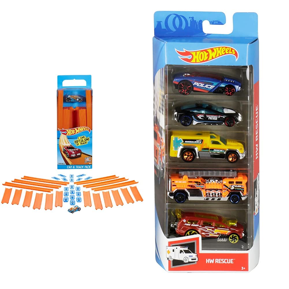 Hot Wheels BHT77 Straight Track Builder with Diecast and Mini Car Toy Pack [Amazon Exclusive] & 5 Car Gift Pack (Styles May Vary)