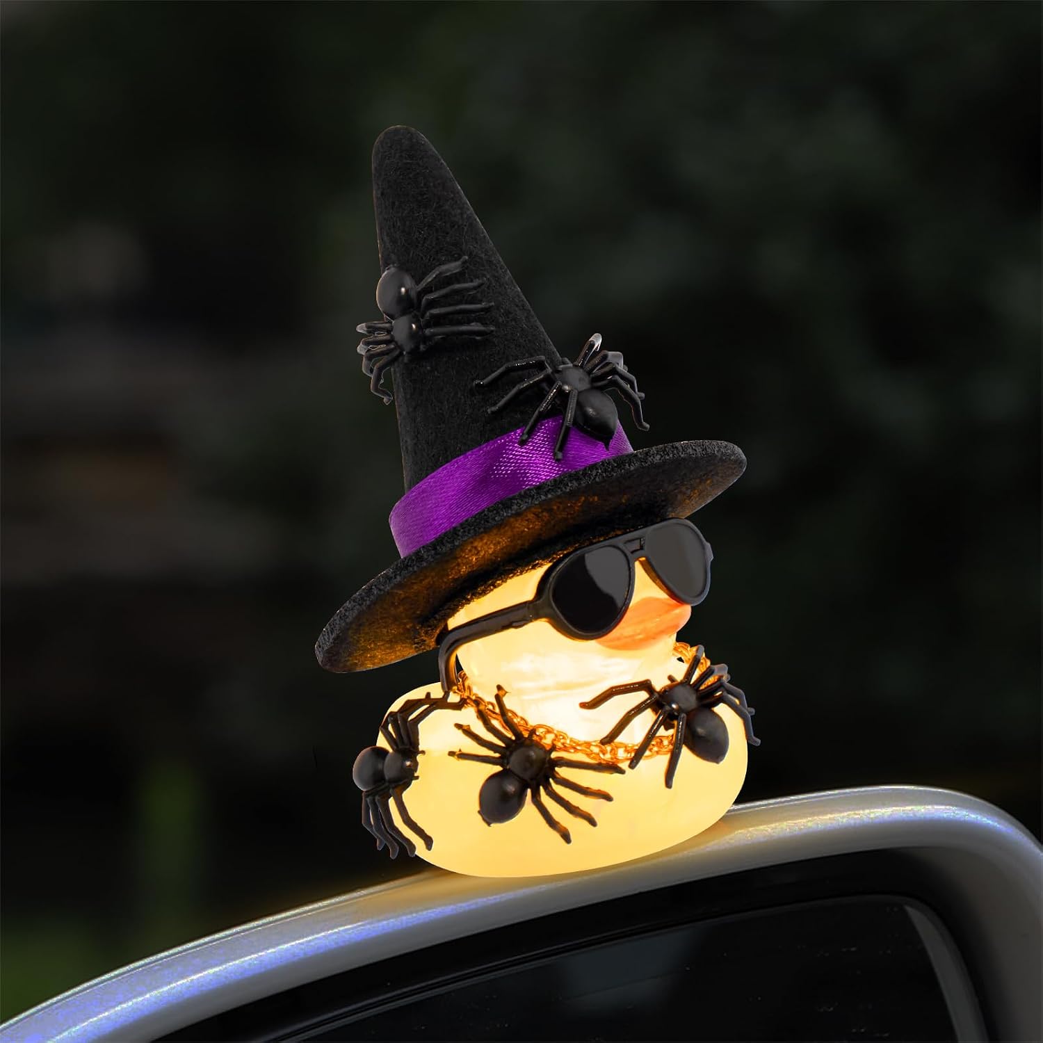 wonuu Spider Rubber Duck with Light for Halloween Decoration Car Ornament Home Decor Mini Transparent Glowing Ducky with Sunglasses Necklace, Assemble Needed, Yellow Light
